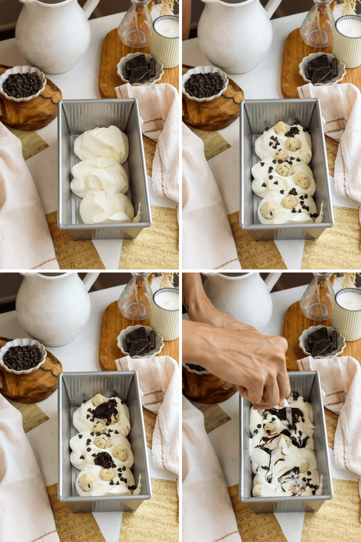 Panel showing four images: the first image shows a loaf pan with scoops of the no-churn ice cream base added. The second image shows cookie dough balls and chocolate chips layered on top of the ice cream. The third image shows additional fudge sauce being added to the pan on top of the cookie dough and chocolate chips. The fourth image shows a hand using a spatula to swirl the fudge sauce into the ice cream mixture.