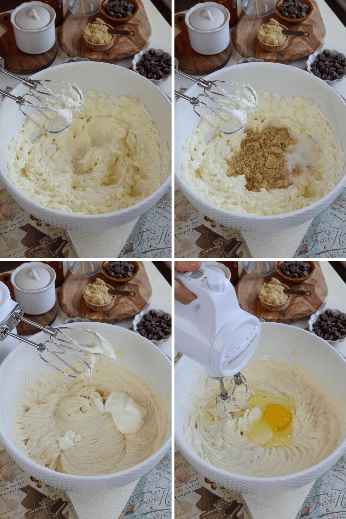 Panel showing four images. The first image shows a bowl of softened cream cheese being whipped with an electric mixer. The second image shows brown sugar and granulated sugar being added to the whipped cream cheese. The third image shows sour cream being mixed into the cheesecake batter. The fourth image shows an egg being added to the mixture while using the electric mixer. Bowls of brown sugar and chocolate chips are visible in the background throughout the process.