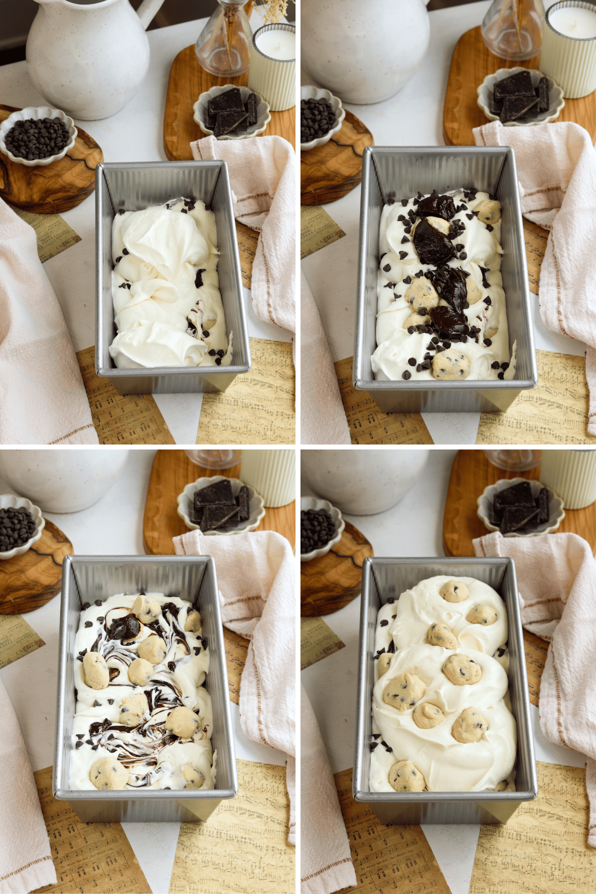 Panel showing four images: the first image shows a layer of no-churn ice cream in a loaf pan with chocolate chips sprinkled on top. The second image shows cookie dough balls, fudge sauce, and additional chocolate chips added to the ice cream. The third image shows the ice cream mixture swirled together with the fudge sauce to create a marbled effect. The fourth image shows the final layer of cookie dough balls added to the top of the ice cream, completing the cookie dough ice cream assembly.