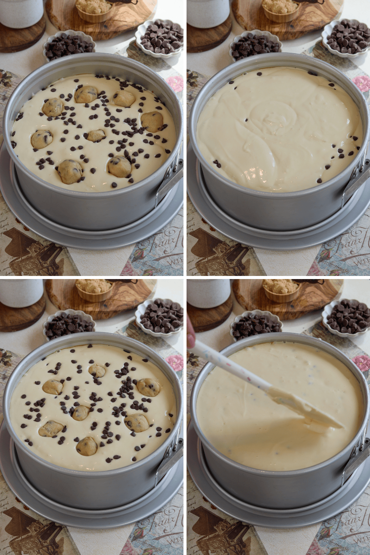 Panel showing four images. The first image shows a springform pan filled with cheesecake batter, topped with cookie dough balls and chocolate chips scattered throughout. The second image shows the same pan with the cheesecake batter spread smoothly over the cookie dough and chocolate chips, partially covering them. The third image shows more cookie dough balls and chocolate chips placed on top of the cheesecake batter. The fourth image shows a spatula smoothing the top layer of the cheesecake, preparing it for baking. Bowls of chocolate chips and brown sugar are visible in the background throughout the process.