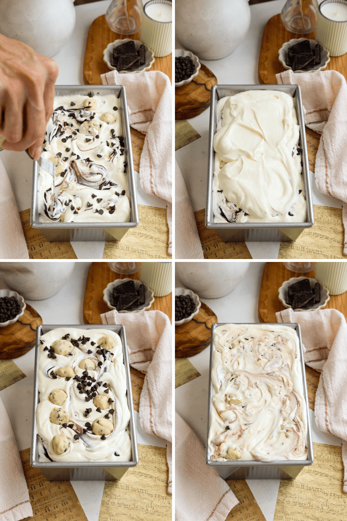 Panel showing four images: the first image shows a hand swirling the cookie dough ice cream with fudge sauce and chocolate chips. The second image shows a smooth layer of no-churn ice cream spread evenly over the swirled mixture. The third image shows more cookie dough balls and chocolate chips added on top of the ice cream. The fourth image shows the completed cookie dough ice cream with a marbled swirl effect, ready to be frozen.