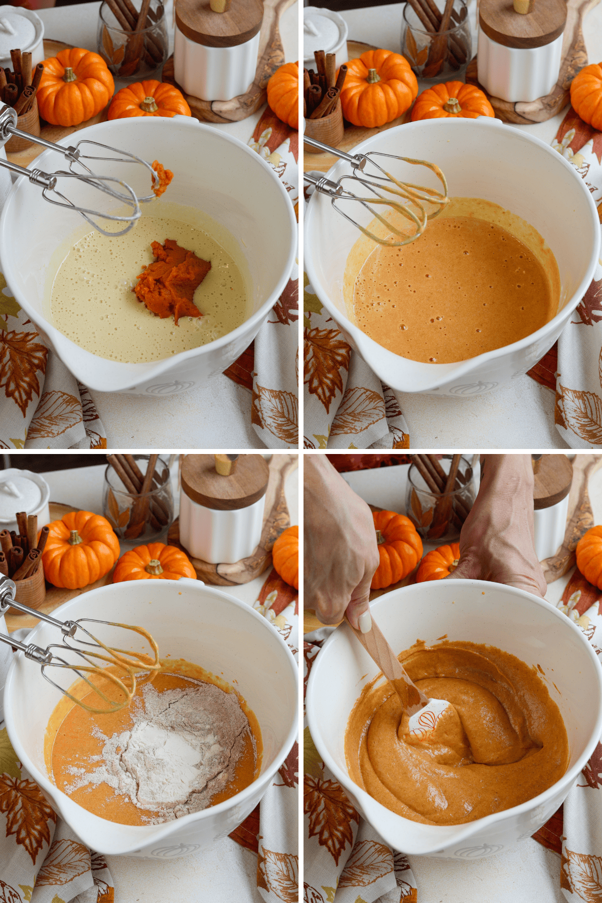 Image with 4 panels: The first panel shows the pumpkin puree being added to the wet ingredients mixture in a large bowl. The second panel displays the pumpkin being mixed into the wet ingredients, creating a smooth orange batter. The third panel shows the dry ingredients being added to the bowl of wet ingredients. The fourth panel shows a spatula folding the batter until it is fully combined and smooth. The background includes decorative elements like small pumpkins, cinnamon sticks, and fall-themed linens.