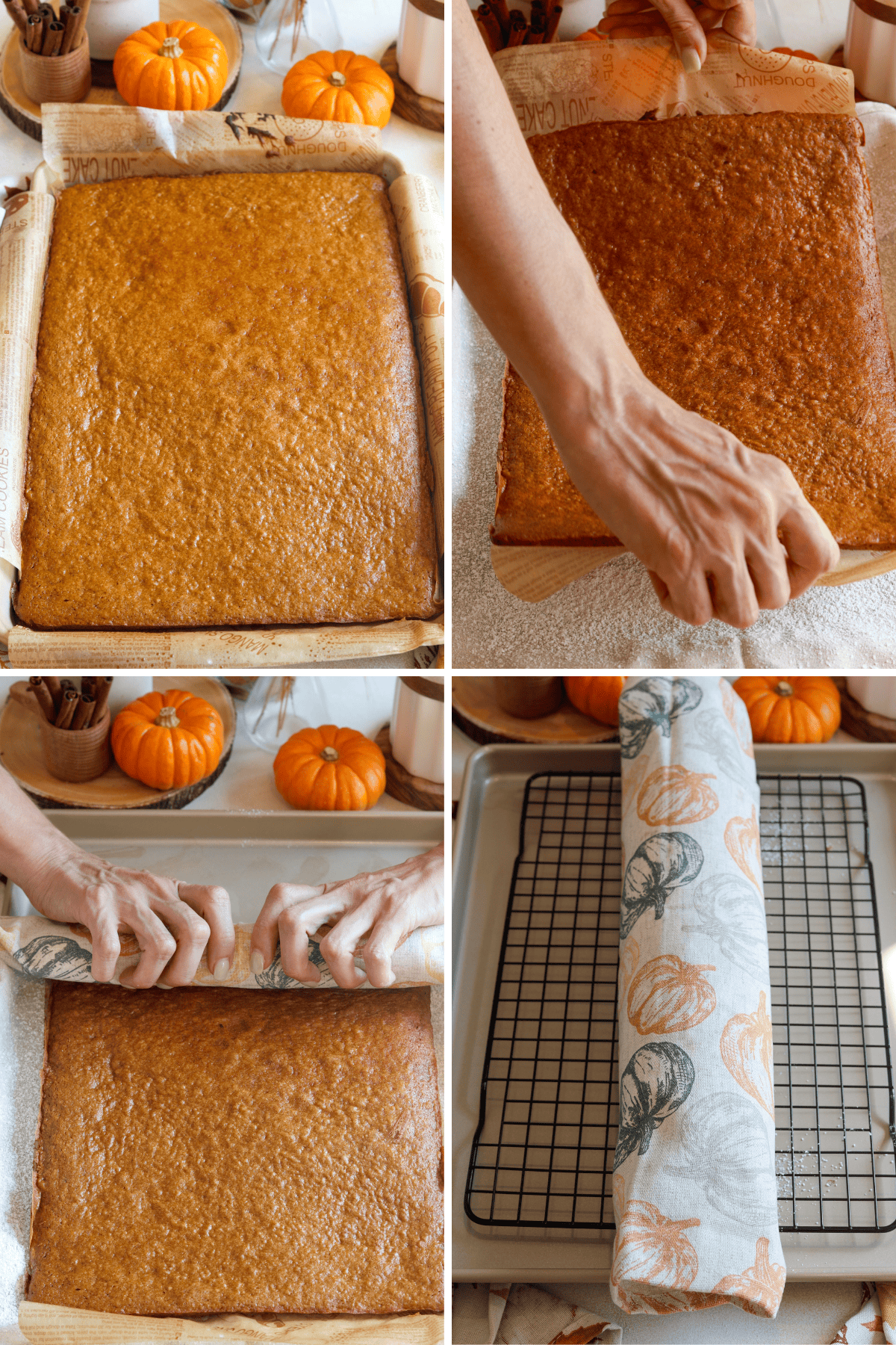 Image with 4 panels: The first panel shows the baked pumpkin roll cake cooling on a parchment-lined baking sheet. The second panel displays the cake being carefully lifted and transferred onto a towel dusted with powdered sugar. The third panel shows the cake being rolled up tightly using the towel, starting from one end. The fourth panel displays the rolled-up cake wrapped in the towel, placed on a cooling rack to set its shape before filling. Small pumpkins and autumn-themed linens are used for decoration in the background.