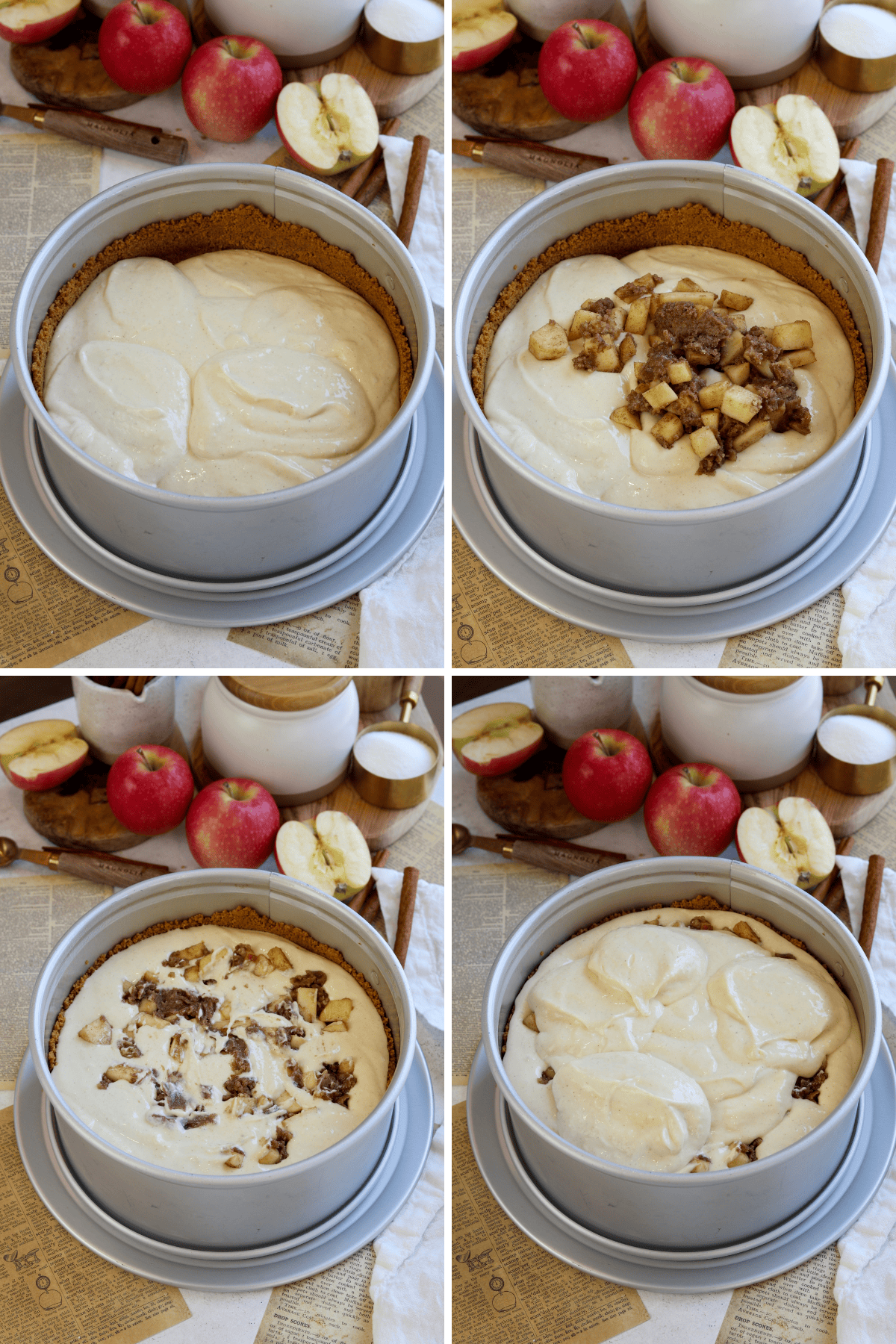 Panel with four images. The first image shows the cheesecake batter spread evenly in the graham cracker crust, ready for the next layer. The second image shows a layer of cinnamon-spiced apple chunks being added on top of the cheesecake batter. The third image captures the apple chunks mixed with crumble topping spread across the surface of the cheesecake. The fourth image shows more cheesecake batter poured on top, partially covering the apple and crumble mixture, preparing the cheesecake for baking.