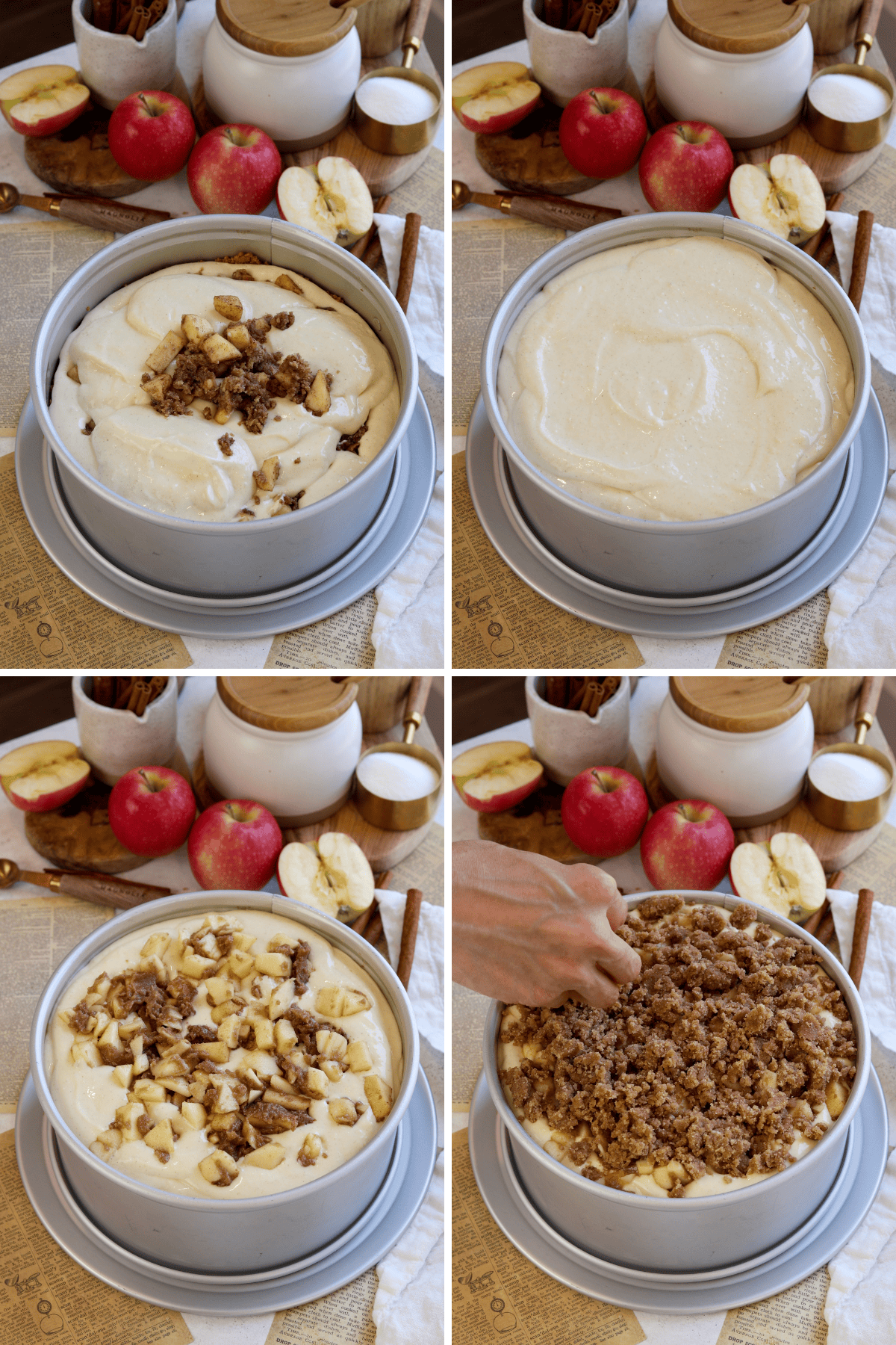 Panel with four images. The first image shows a cheesecake batter with an added layer of cinnamon-spiced apples and crumble topping. The second image captures the batter fully spread, covering the apple layer in preparation for baking. The third image shows more chopped apples and crumble being added to the top layer of the cheesecake. The fourth image shows the hand sprinkling the crumble topping evenly over the apples on the cheesecake.