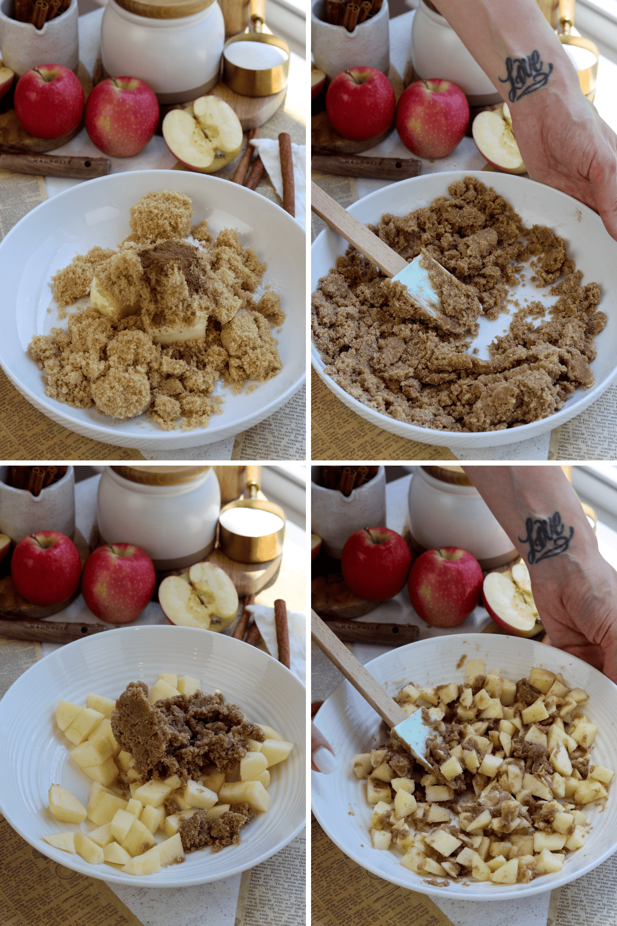 Panel with four images showing the process of preparing apple crumble topping for cheesecake. The first image shows brown sugar and butter in a bowl, the second image shows the mixture being stirred to form a crumble, the third image shows diced apples added to the bowl with the crumble mixture, and the fourth image shows the apples and crumble mixed together with a spatula, ready to be used as a topping. In the background, there are fresh apples, cinnamon sticks, and other ingredients.