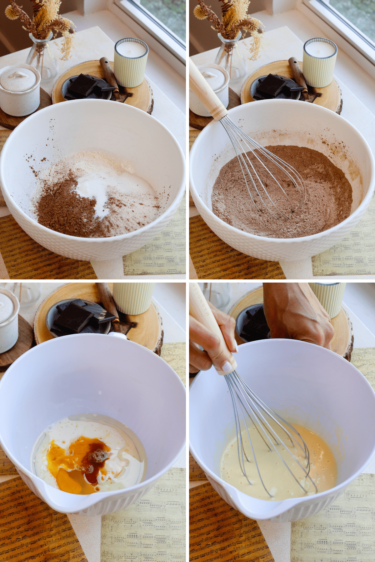 Step-by-Step Mixing of Chocolate Cake Ingredients: A collage of four images showing the process of preparing chocolate cake batter. The top left image shows a large white mixing bowl with sifted cocoa powder, flour, sugar, and other dry ingredients. The top right image captures a whisk mixing the dry ingredients together in the bowl. The bottom left image shows wet ingredients, including eggs, milk, oil, and vanilla extract, in a separate white mixing bowl. The bottom right image shows a hand whisking the wet ingredients until they are smooth and fully combined.