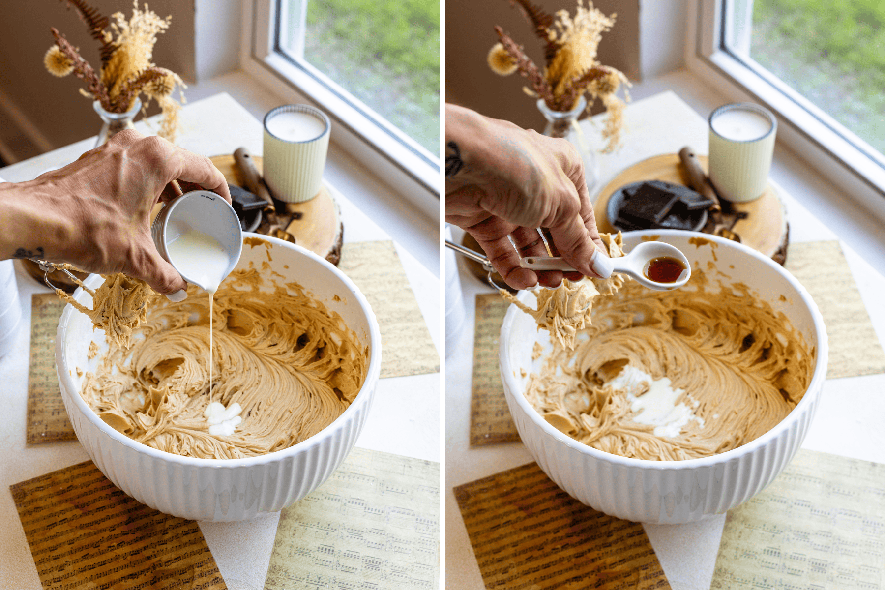 Adding Milk and Vanilla to Peanut Butter Frosting: A collage of two images showing the final steps of making peanut butter frosting. The first image on the left shows a hand pouring milk into a large white mixing bowl filled with partially mixed peanut butter frosting. The second image on the right captures a hand holding a measuring spoon, adding vanilla extract to the frosting mixture. The scene is set in a bright kitchen with a window, featuring a vase with dried flowers, a lit candle, and a few pieces of chocolate on a wooden tray in the background.