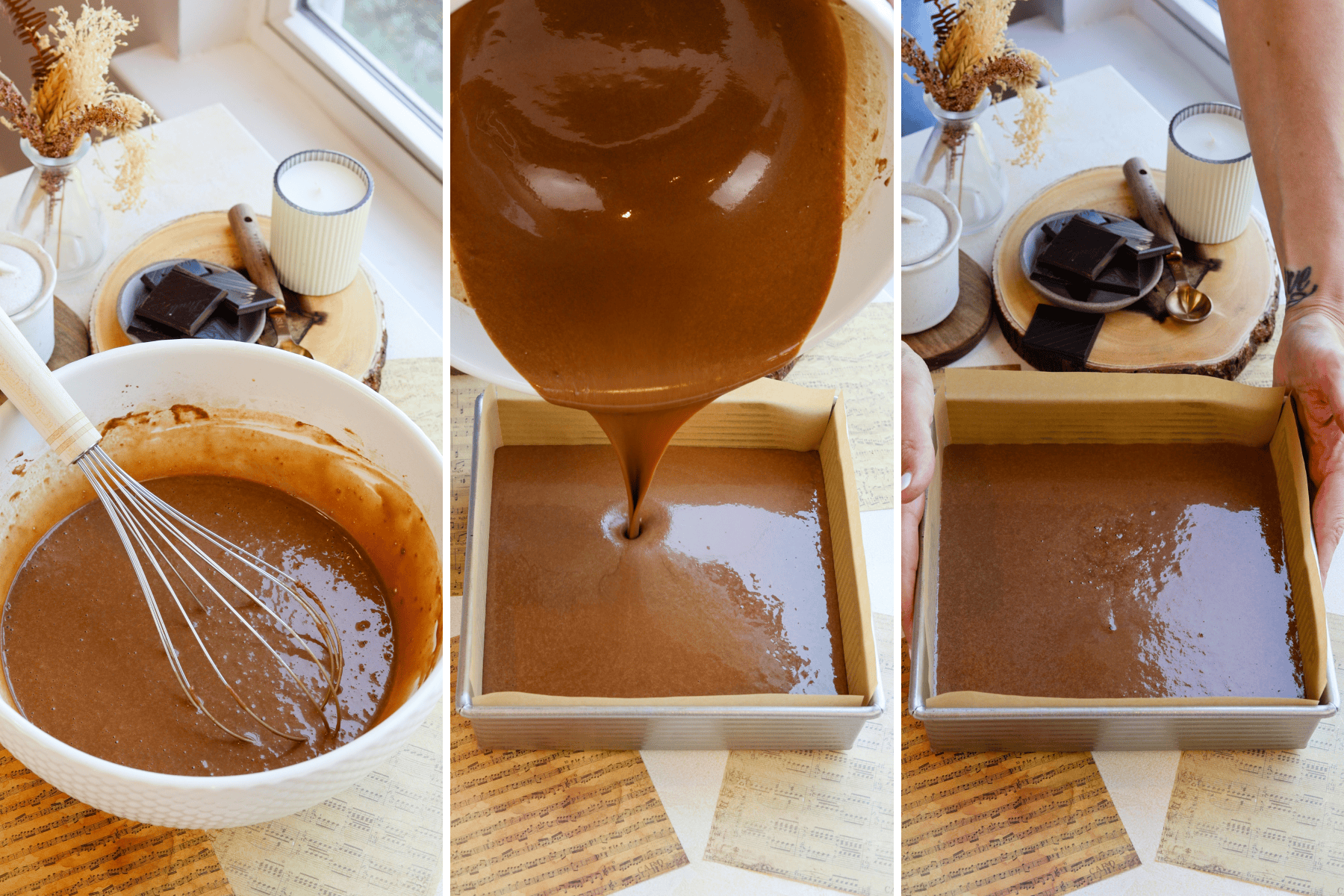 Pouring Chocolate Cake Batter into a Pan: A collage of three images showing the final steps of preparing chocolate cake batter. The first image on the left shows a large mixing bowl filled with smooth chocolate cake batter being whisked. The middle image captures the batter being poured from the bowl into a parchment-lined square baking pan. The third image on the right shows the baking pan filled with the batter, ready to be placed in the oven. The kitchen setup includes a vase with dried flowers and a candle, adding a cozy touch to the scene.
