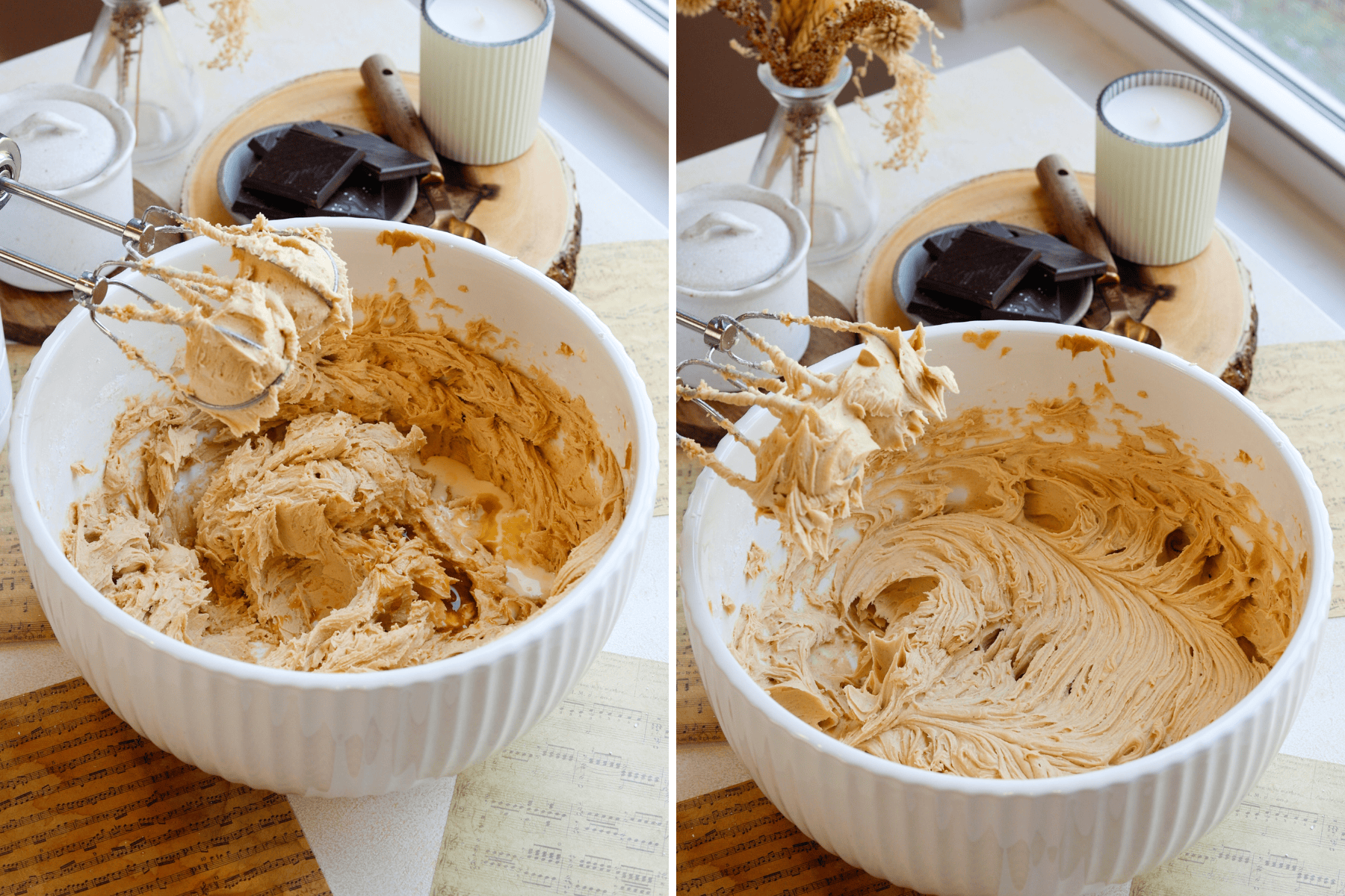 Final Stages of Mixing Peanut Butter Frosting: A collage of two images showing the final steps of making peanut butter frosting. The left image shows a large white mixing bowl filled with thick, partially mixed peanut butter frosting. A splash of milk and a dash of vanilla extract have been added to the mixture, ready to be incorporated. The right image captures the fully mixed, smooth, and creamy peanut butter frosting, with the hand mixer resting in the bowl, showing off the frosting's rich texture. The background features a cozy kitchen setting with a vase of dried flowers, a lit candle, and some chocolate pieces on a wooden tray.