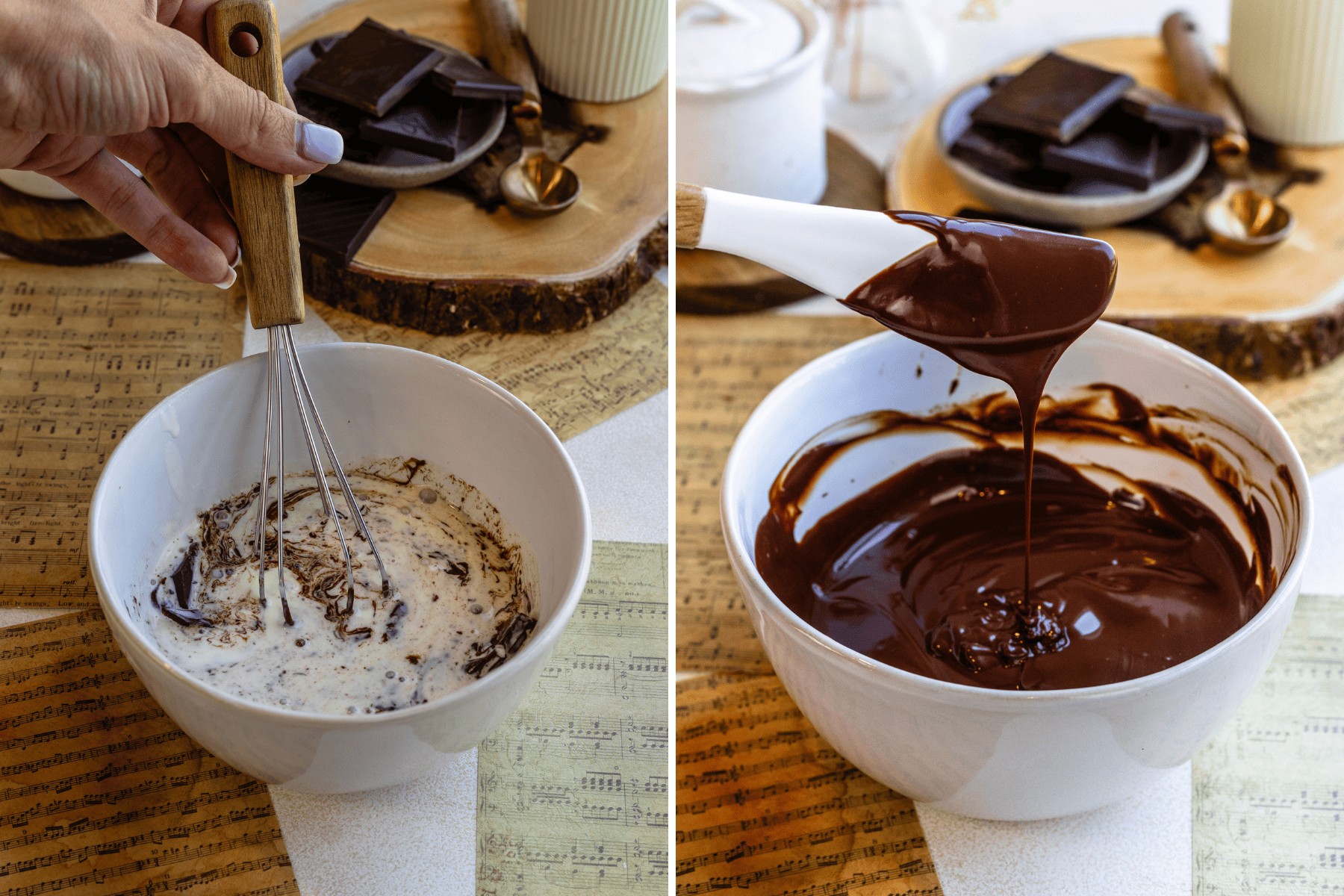 Making Chocolate Ganache: A collage of two images showing the process of making chocolate ganache. The left image shows a hand whisking together hot cream and chopped chocolate in a white mixing bowl. The ingredients are just beginning to melt and combine. The right image captures the smooth, fully mixed chocolate ganache, with a spatula lifting some of the glossy ganache, showing its rich and silky texture. The background includes a rustic kitchen setup with a wooden board holding pieces of dark chocolate and a small spoon, creating a warm and inviting atmosphere.