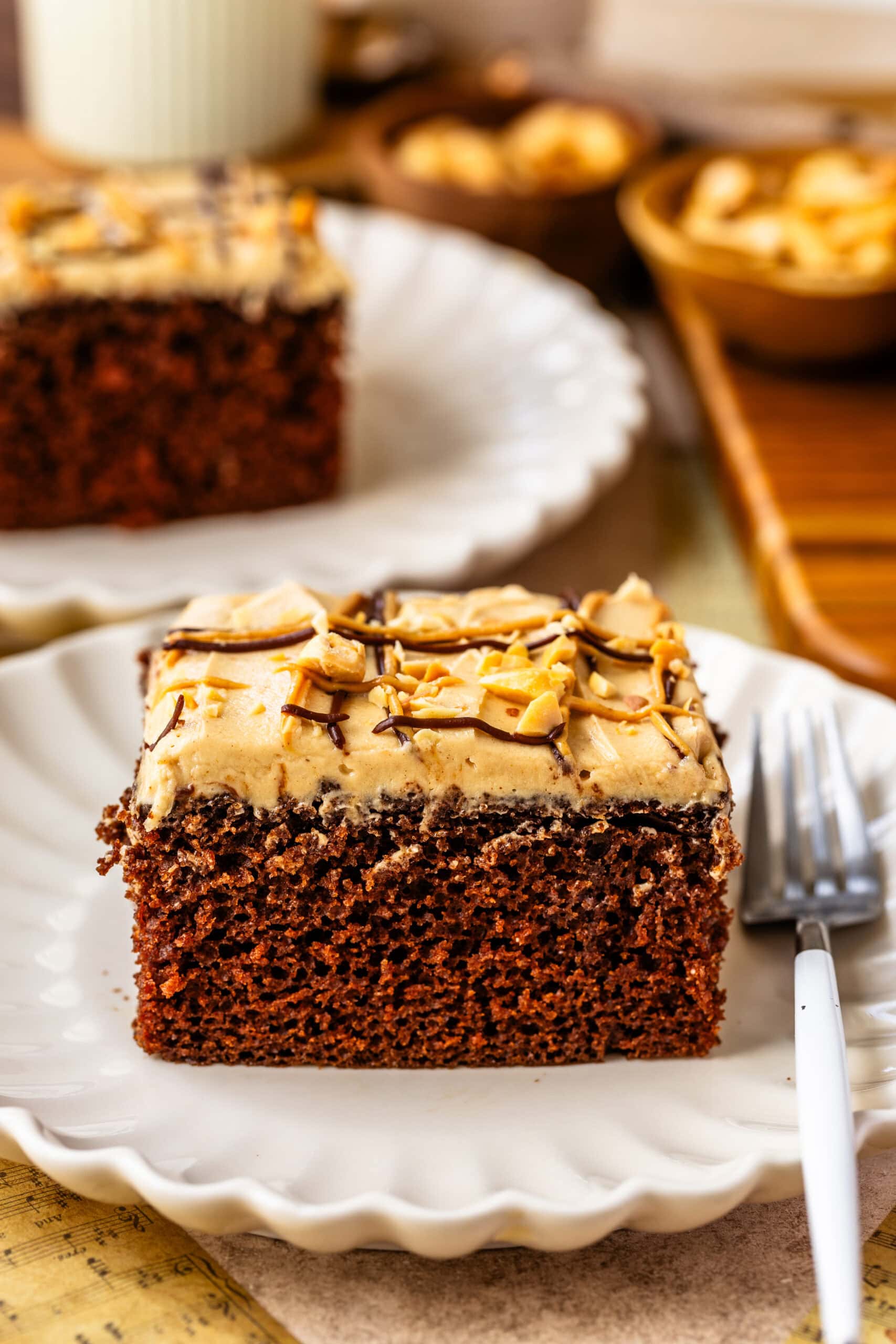 Chocolate Cake with Peanut Butter Frosting on a Plate: A slice of chocolate cake with peanut butter frosting, served on a white scalloped plate. The frosting is topped with drizzles of chocolate and peanut butter, and garnished with chopped peanuts. A fork rests beside the plate, and in the background, more cake slices and ingredients are visible, creating a warm and inviting presentation.