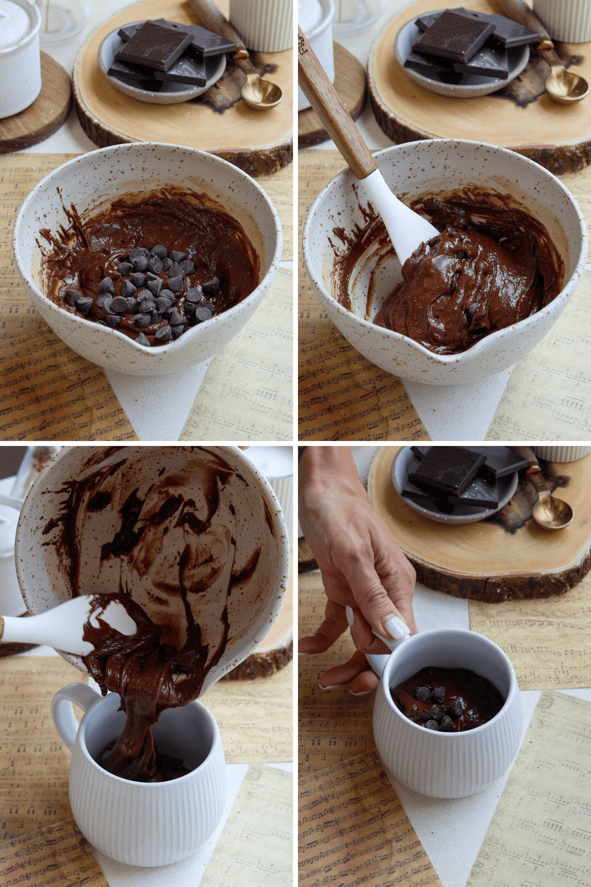 A panel with four images showing steps for a peanut butter variation of the chocolate mug cake. The first image shows peanut butter chips added to the chocolate batter in a mixing bowl. The second image displays a spoonful of peanut butter being placed in the center of the chocolate batter in a mug. The third image captures the mug filled with the chocolate batter, ready for baking. The final image shows the top of the batter garnished with peanut butter chips and a piece of peanut butter cup, adding extra flavor and texture. The rustic background includes chocolate squares and a small golden spoon for decoration.