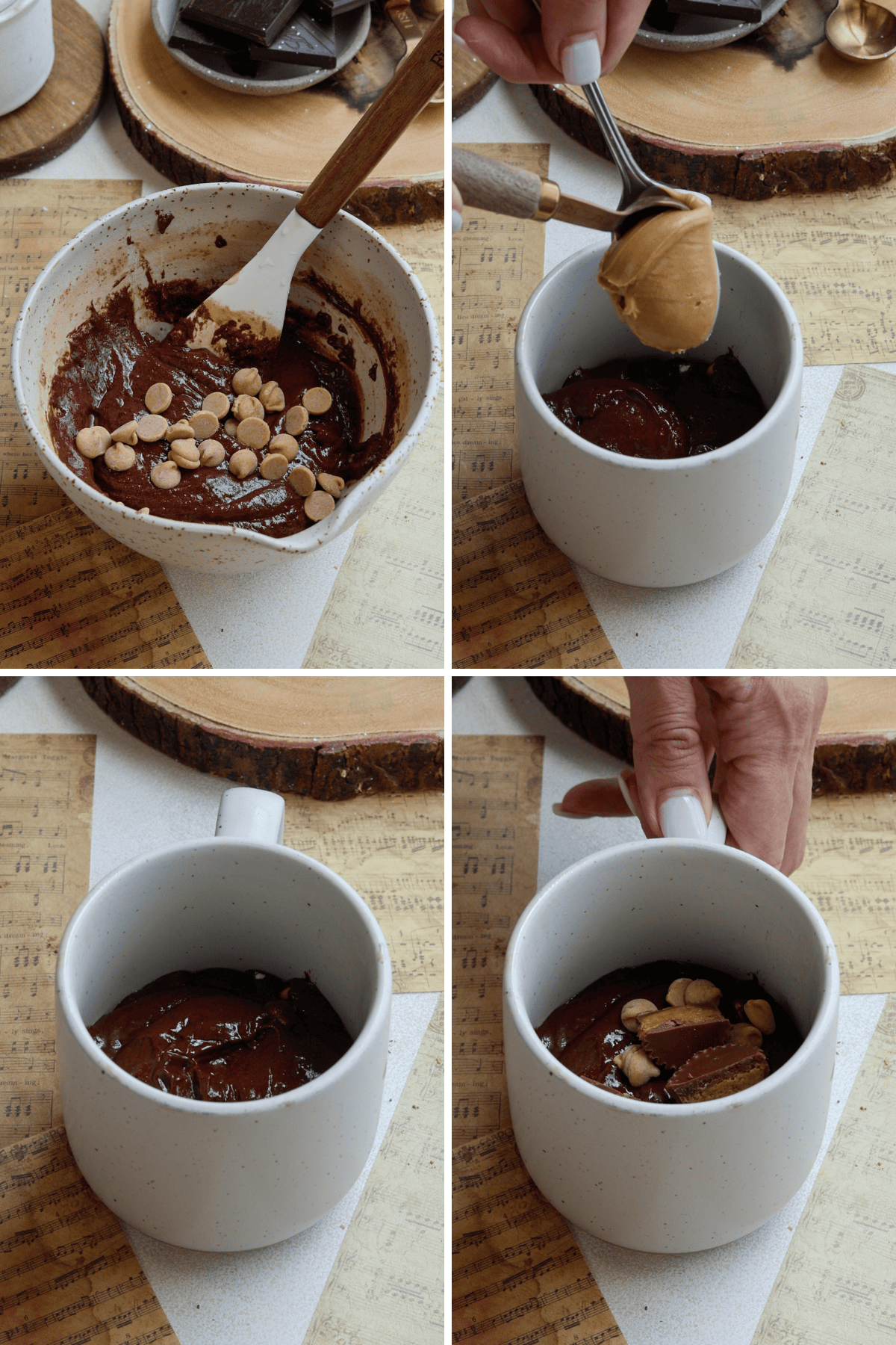 A panel with four images showing steps for a peanut butter variation of the chocolate mug cake. The first image shows peanut butter chips added to the chocolate batter in a mixing bowl. The second image displays a spoonful of peanut butter being placed in the center of the chocolate batter in a mug. The third image captures the mug filled with the chocolate batter, ready for baking. The final image shows the top of the batter garnished with peanut butter chips and a piece of peanut butter cup, adding extra flavor and texture. The rustic background includes chocolate squares and a small golden spoon for decoration.