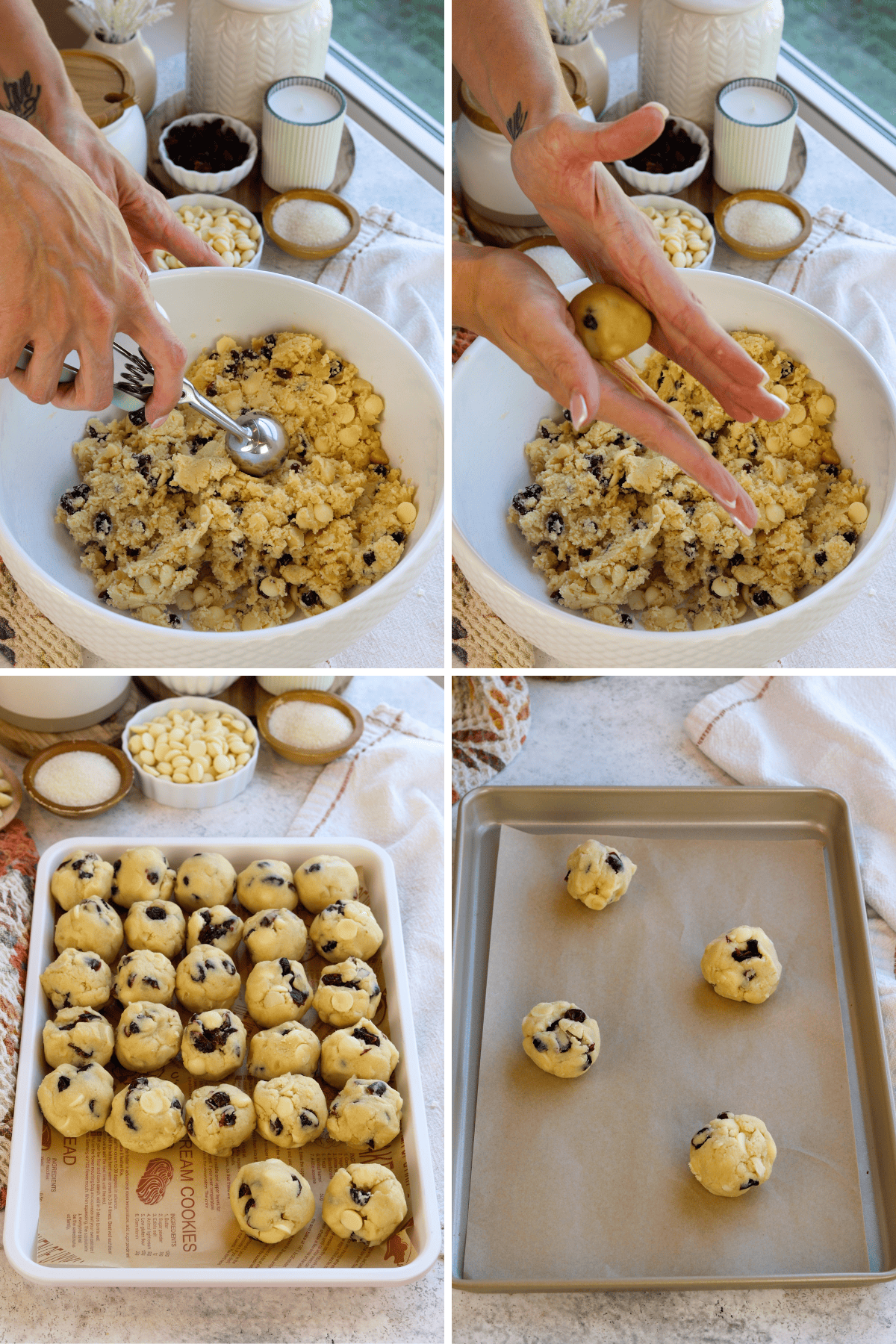 Panel with four images. First image shows a hand holding a cookie scoop, scooping dough from a bowl filled with cookie dough that includes white chocolate chips and dried cranberries. Second image shows hands rolling a portion of the cookie dough into a ball shape. Third image displays a tray filled with evenly sized dough balls, each with visible chunks of white chocolate and cranberries, ready for baking. Fourth image shows a baking sheet lined with parchment paper and a few spaced-out cookie dough balls placed on it, ready to go into the oven. The background includes baking ingredients like sugar, white chocolate chips, and dried cranberries.