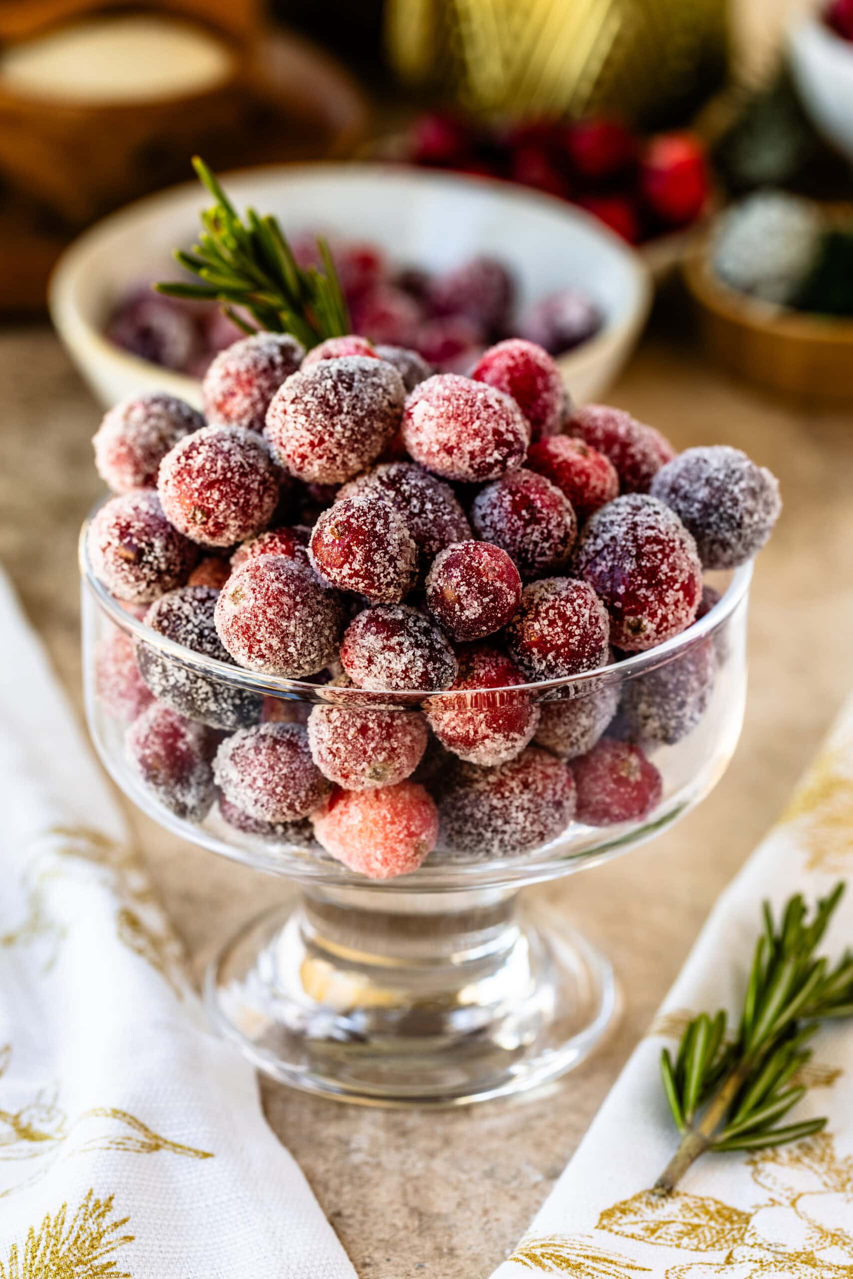 This image shows a beautiful close-up of sugared cranberries in a clear glass bowl. Each cranberry is coated with a layer of sugar, giving them a frosty, festive appearance. The cranberries are paired with a sprig of rosemary, adding a touch of green for a holiday vibe. The background features blurred cranberries and holiday-themed decor, enhancing the seasonal atmosphere. This display of sugared cranberries is perfect for a holiday table or as a dessert garnish.