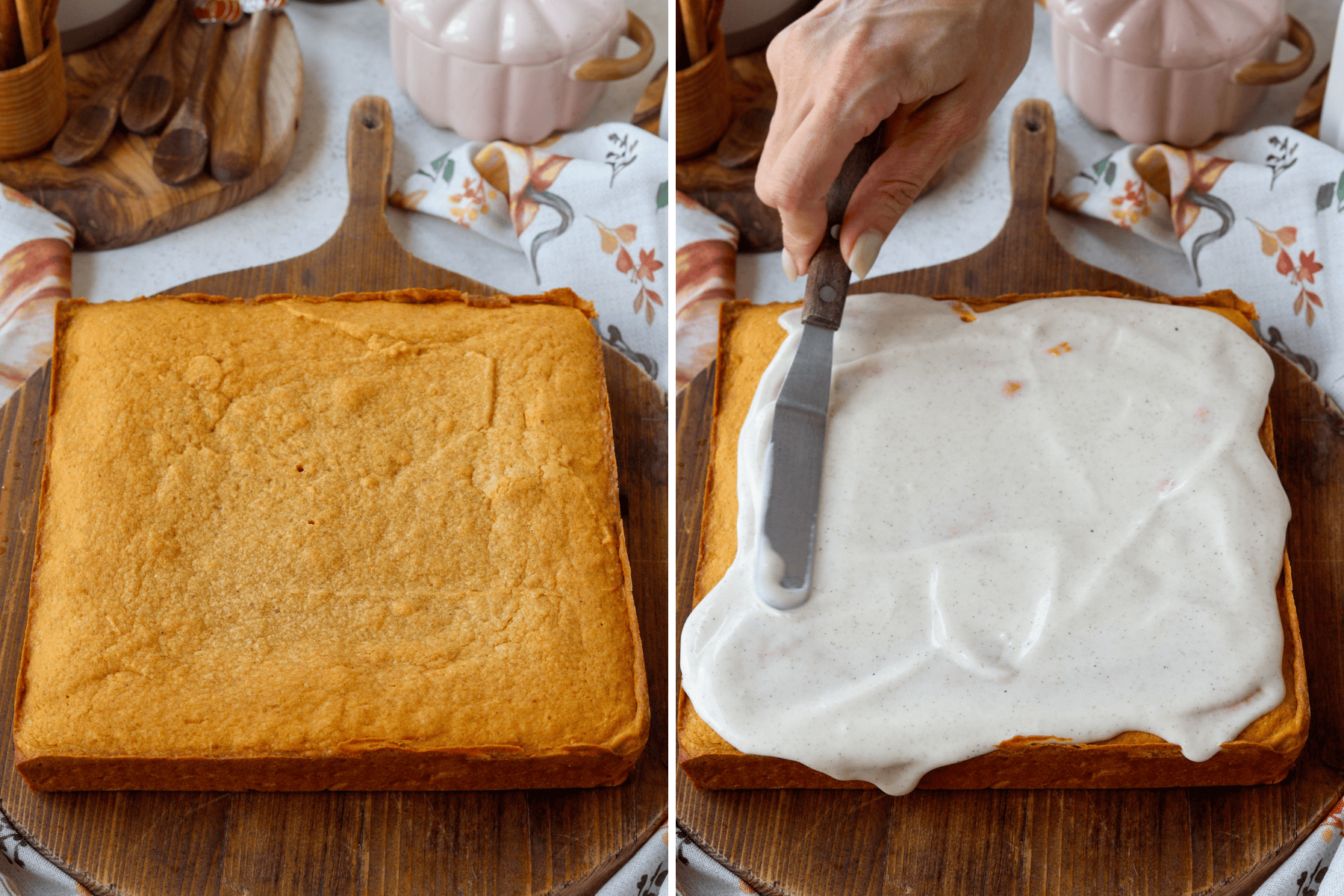 Two images showing the final steps of making pumpkin blondies: The first image displays the baked blondie block, golden and slightly domed, sitting on a wooden board surrounded by floral napkins and rustic utensils. The second image shows a hand using an offset spatula to spread a creamy frosting over the top of the blondie, giving it a smooth, glossy finish and readying it for serving. The warm, soft background adds a cozy, homemade touch to the scene.