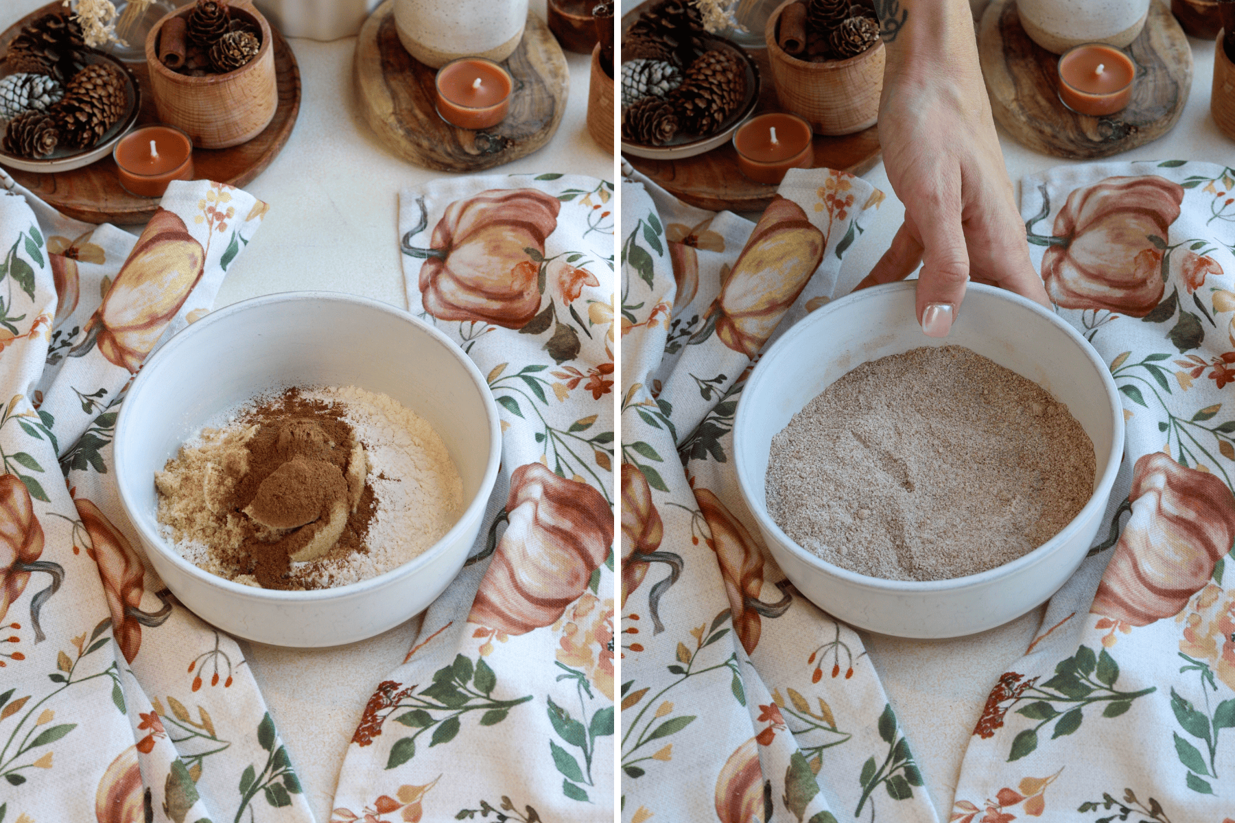 Panel with 2 images: The first image shows a bowl with dry ingredients, including flour, brown sugar, cinnamon, and other spices, about to be mixed for the pumpkin coffee cake. The second image displays the same bowl after the ingredients have been thoroughly combined into a smooth, spiced mixture, ready to be used in the recipe. The scene is set against a cozy fall-themed background with decorative pumpkins and candles, adding a warm seasonal feel.