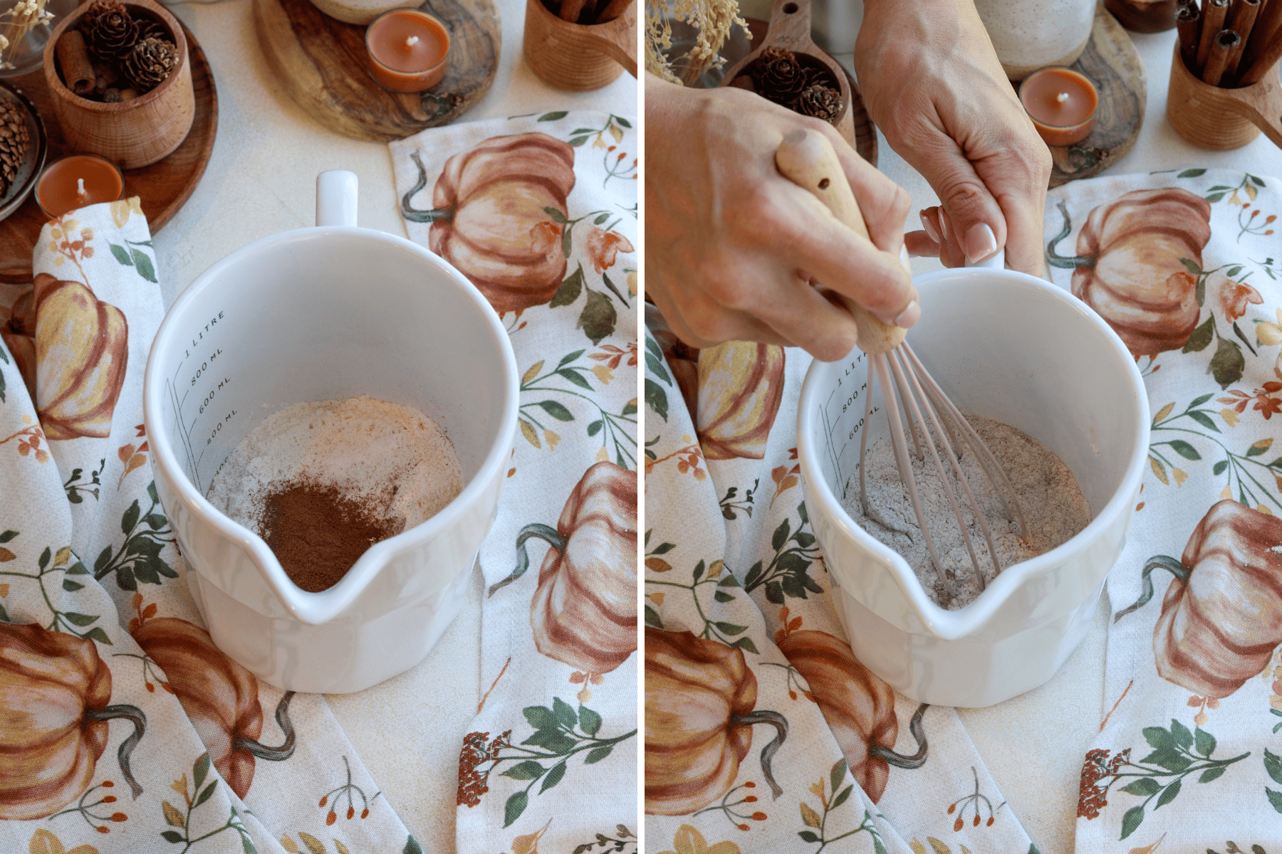 Panel with 2 images: In the first image, dry ingredients, including flour and spices like cinnamon, are placed in a measuring jug, ready to be mixed for the pumpkin coffee cake batter. The second image shows a hand whisking the dry ingredients together, ensuring they are evenly combined. The background features fall-themed décor, including pumpkins and pinecones, adding a seasonal touch to the preparation process.