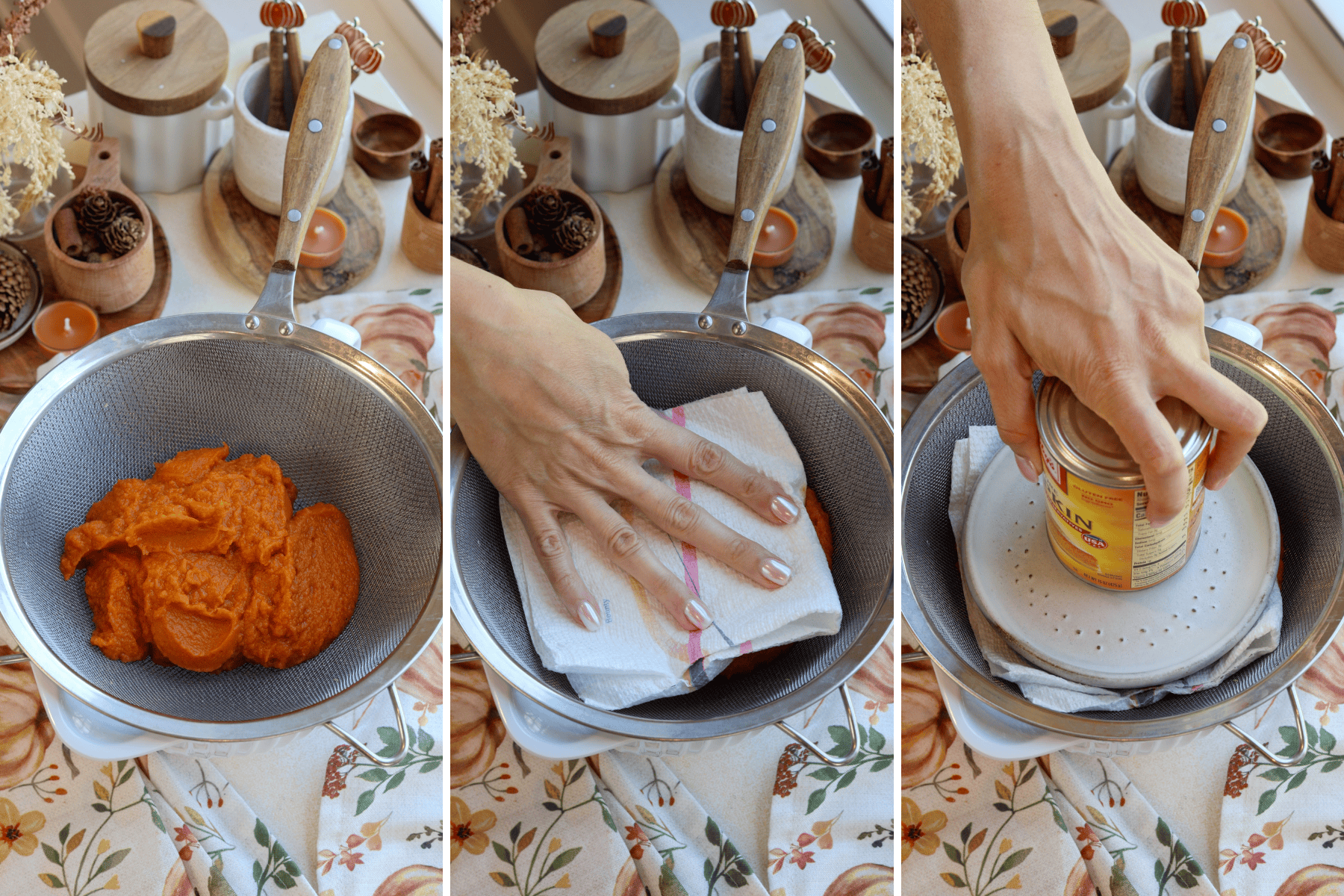 Panel with 3 images: The first image shows a sieve filled with canned pumpkin purée placed over a bowl, ready to be drained for the pumpkin coffee cake recipe. In the second image, a paper towel is gently pressed over the pumpkin purée to absorb excess moisture. In the third image, a can and plate are used as weights over the paper towel to press out even more moisture from the pumpkin, ensuring a thick and smooth consistency for the cake. The background features fall-themed décor, enhancing the seasonal baking vibe.