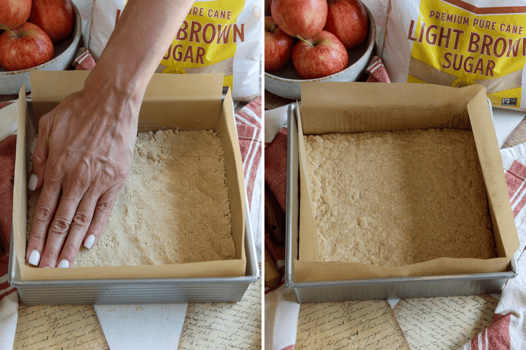 The image shows the process of preparing the base for apple crumb bars. In the first image, a hand is pressing the crumbly dough into the bottom of a parchment-lined square baking pan, creating a solid base layer. The second image displays the fully pressed dough layer, now smooth and evenly distributed, ready to be baked. In the background, apples and a bag of light brown sugar are visible, emphasizing the key ingredients for the recipe. The overall setting conveys a cozy, homemade baking atmosphere.