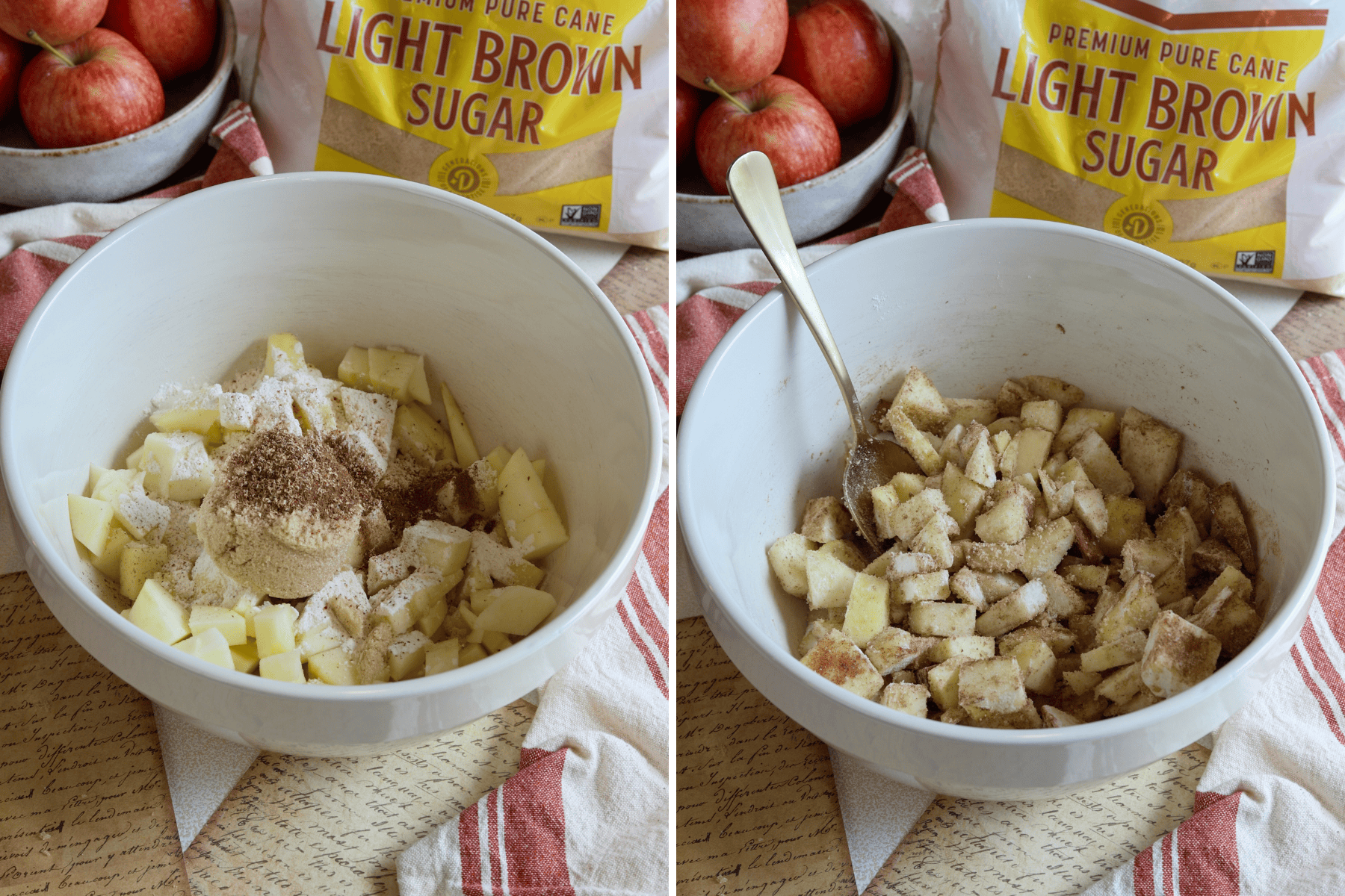 The image shows the preparation of the apple filling for apple crumb bars. In the first image, diced apples are in a large mixing bowl, topped with a heap of light brown sugar, cinnamon, and flour, ready to be mixed. In the second image, the apples are fully coated with the sugar and spice mixture, showing an even distribution of the ingredients. The background features apples and a bag of light brown sugar, reinforcing the central ingredients of the recipe. The process highlights the warm and cozy flavors of fall baking.