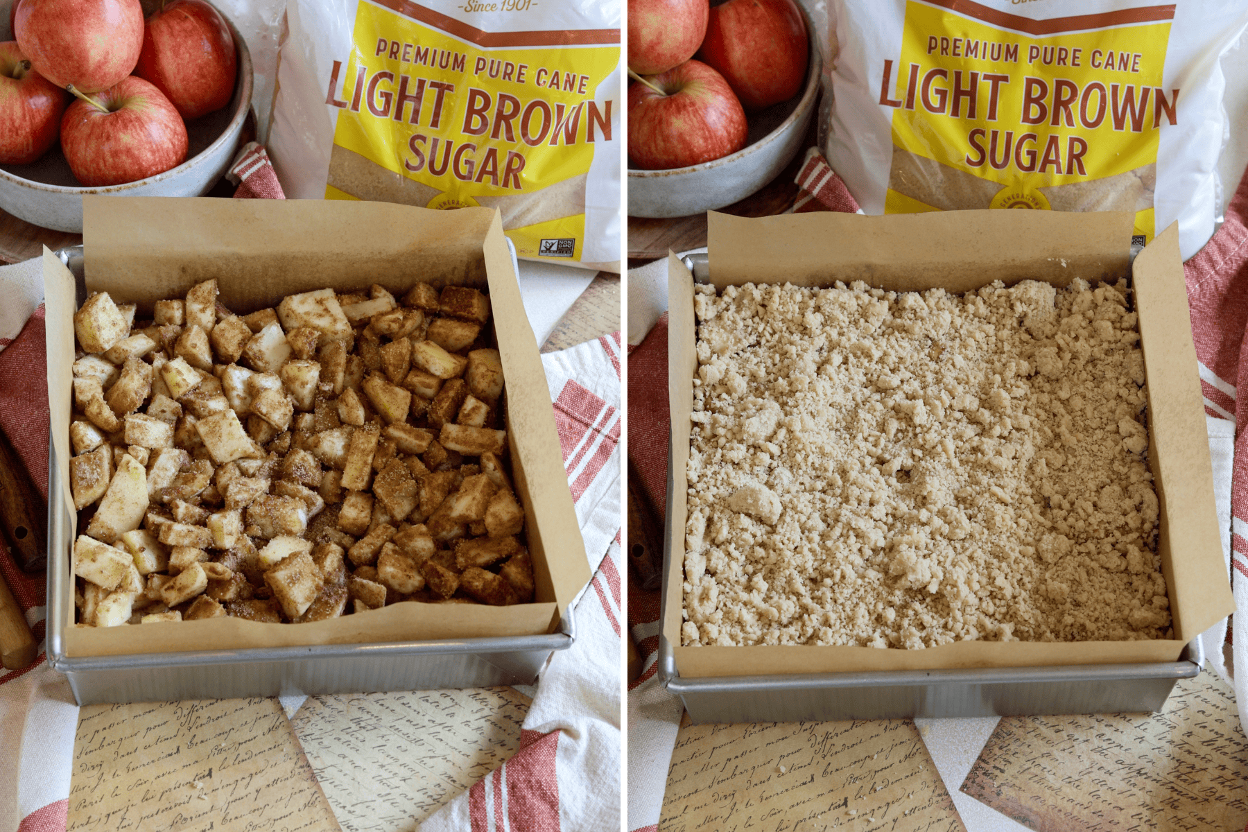 The image displays the final steps of assembling apple crumb bars. In the first image, the seasoned apple mixture is evenly spread over the pressed dough in a parchment-lined baking pan. The apples are coated in cinnamon and sugar, giving them a warm, caramelized appearance. In the second image, a crumbly topping made from the same dough mixture used for the base is sprinkled over the apples, creating a rustic layer that will bake into a golden, crunchy topping. The background features fresh apples and a bag of light brown sugar, emphasizing the key ingredients in this comforting dessert.