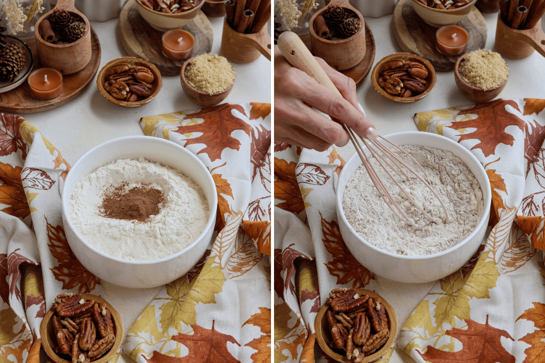 The images depict the process of preparing dry ingredients for a pecan pie cake. In the first image, flour and spices, such as cinnamon, are placed in a mixing bowl, surrounded by autumn-themed decor with pecans and brown sugar in small wooden bowls. The second image shows a hand using a whisk to combine the dry ingredients, with the cozy fall setting creating a warm and inviting atmosphere for baking.