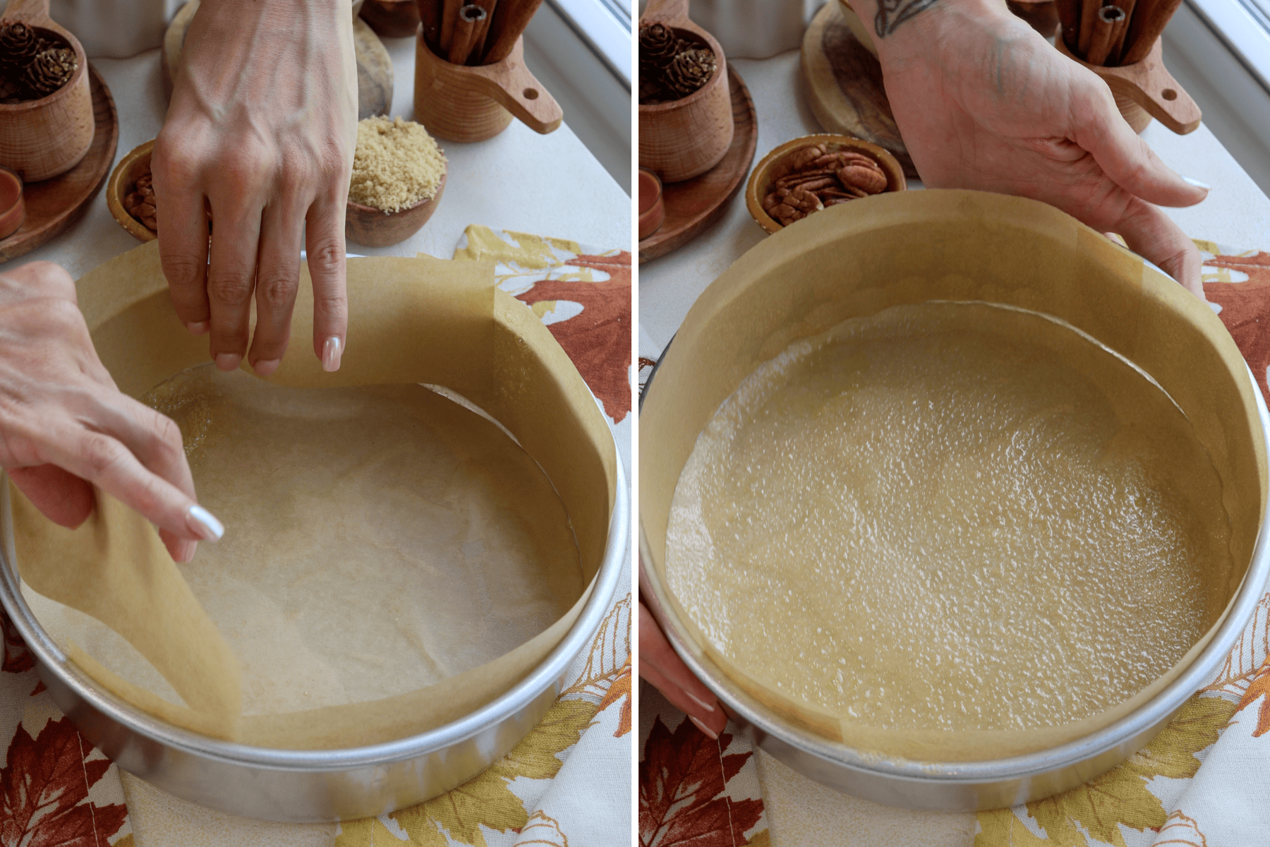 The images show the process of preparing a cake pan for baking a pecan pie cake. In the first image, a hand is carefully lining a round baking pan with parchment paper to ensure even coverage around the edges and bottom. The second image shows the completed preparation, with the parchment paper fully fitted inside the pan, which has been sprayed with a light coating of non-stick spray. The background features fall-themed elements, including bowls of pecans and brown sugar, contributing to the cozy baking atmosphere.