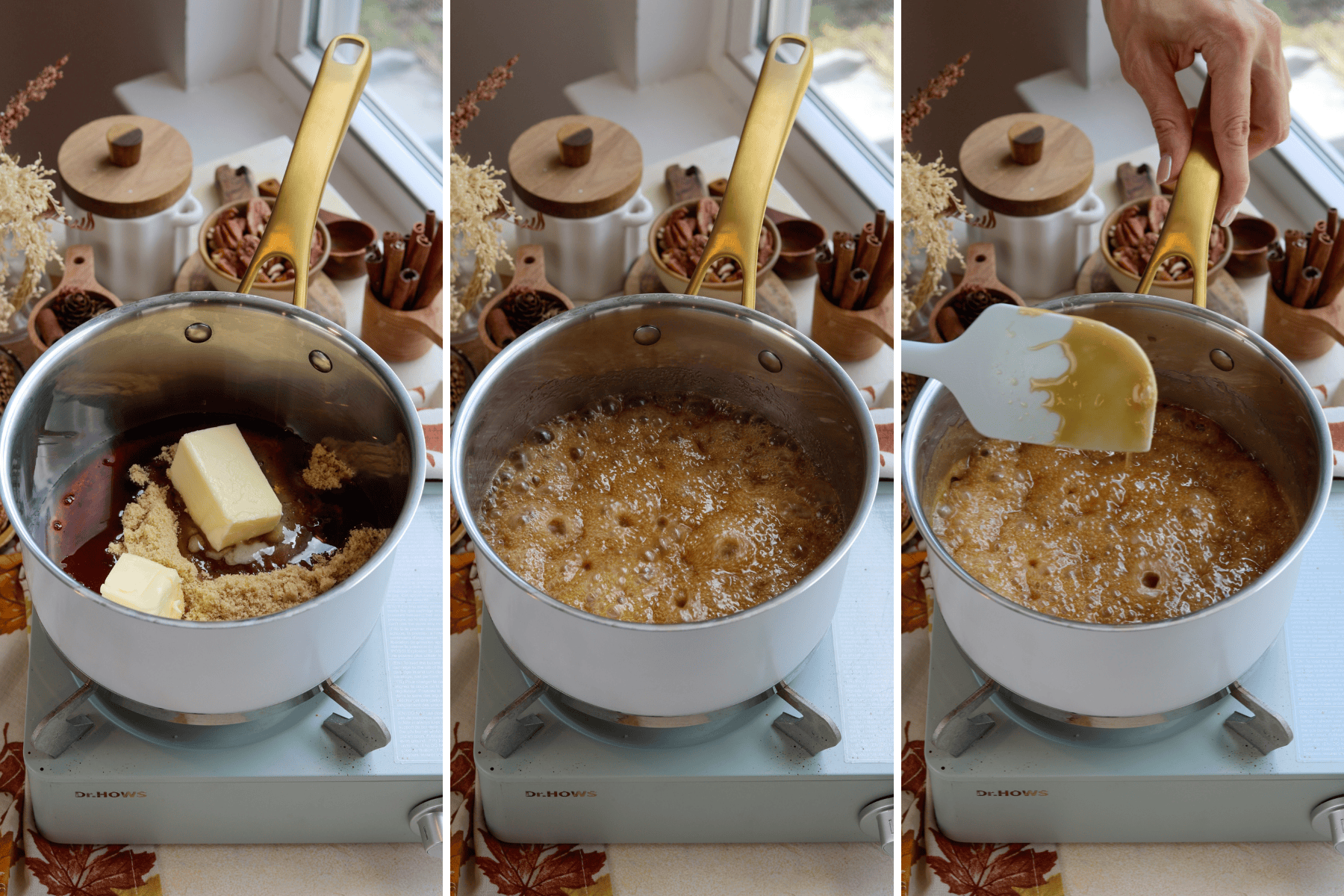 The images show the process of making a caramel-like sauce for pecan pie cake. In the first image, butter, brown sugar, and syrup are placed in a saucepan, ready to melt. In the second image, the mixture is bubbling and starting to caramelize as it cooks. In the third image, a hand stirs the thickened mixture with a spatula, revealing its smooth, golden texture. The setting includes autumnal decor with cinnamon sticks and pecans in the background, enhancing the cozy, warm baking atmosphere.