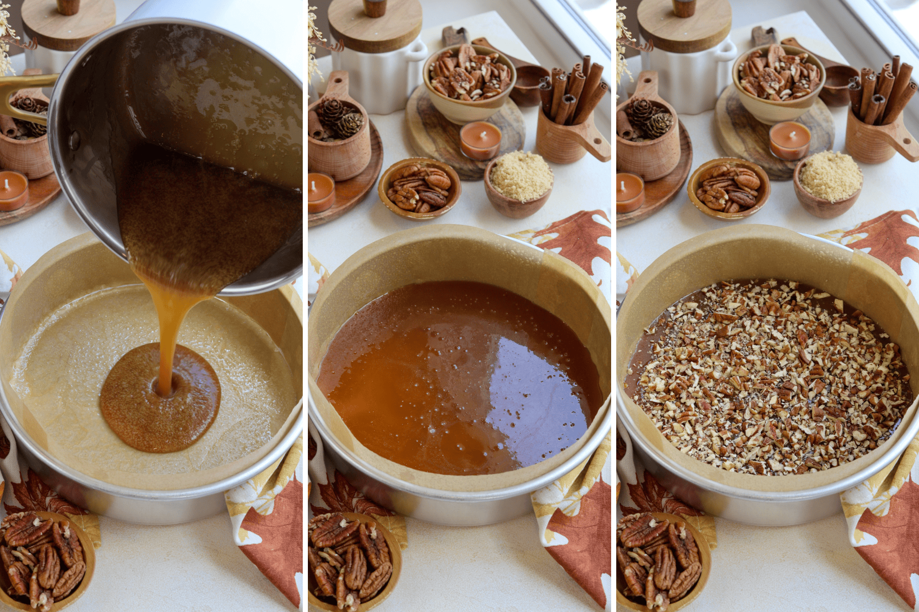 The images depict the process of assembling the base layer for the pecan pie cake. In the first image, a golden, caramel-like mixture is being poured from a saucepan into a parchment-lined round cake pan. In the second image, the caramel has spread evenly across the bottom of the pan. The third image shows the caramel topped with a layer of chopped pecans, evenly distributed, ready to form the crunchy, sweet base of the cake. The background features autumn-themed decor, including pecans, brown sugar, and cinnamon sticks, enhancing the cozy, seasonal atmosphere.