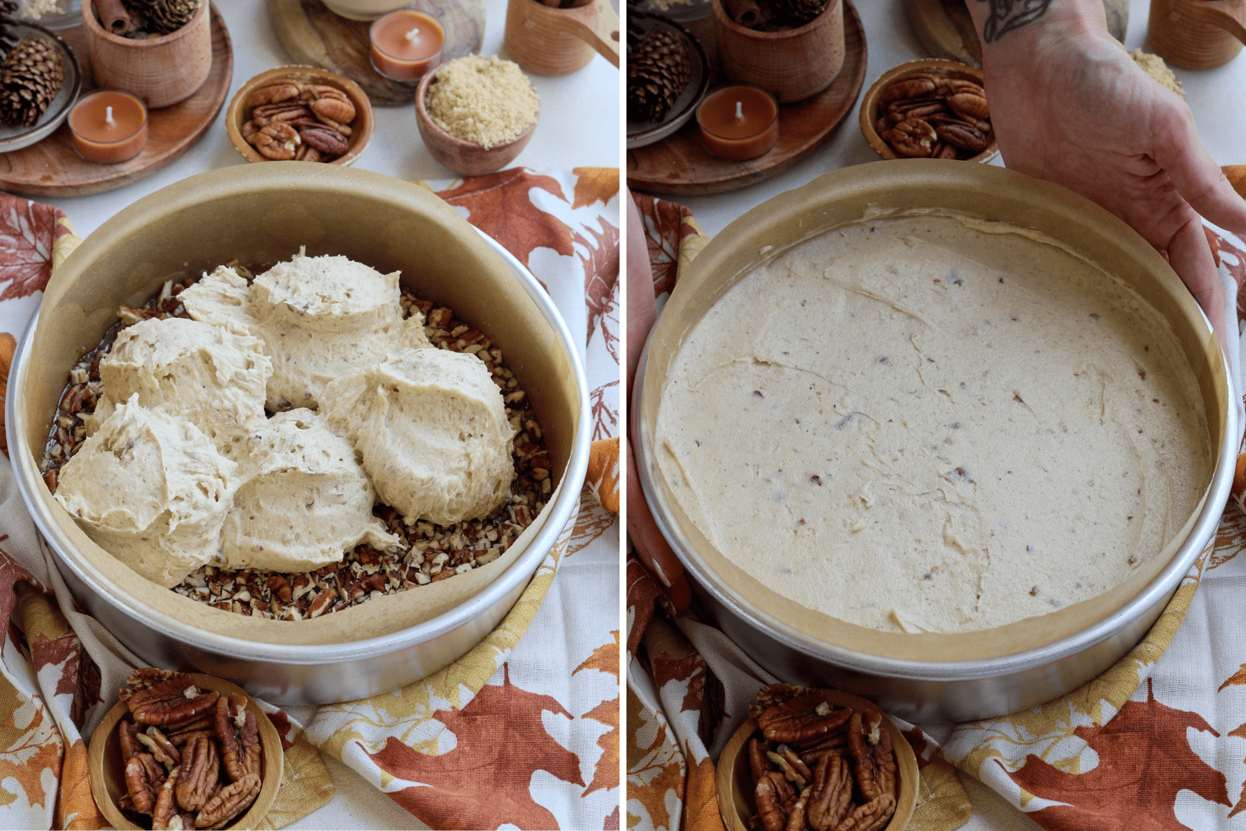 The images show the final steps of assembling the pecan pie cake. In the first image, large dollops of the cake batter are placed on top of the chopped pecans and caramel layer in the parchment-lined cake pan. In the second image, the batter has been spread evenly over the pecan layer, creating a smooth surface ready for baking. The warm, autumn-themed decor in the background adds to the cozy atmosphere, with bowls of pecans and other fall elements complementing the scene.