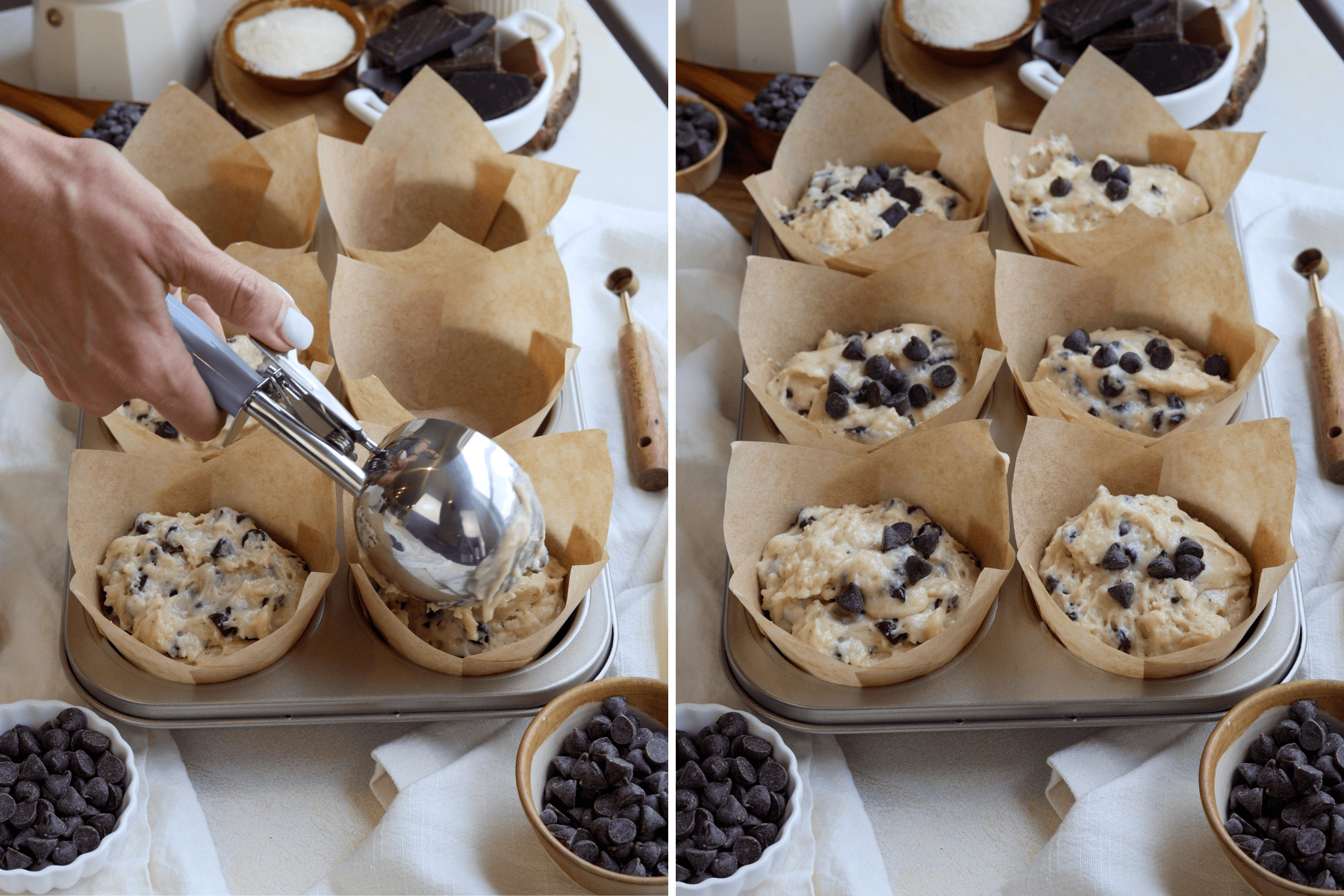 The image shows the final step before baking chocolate chip muffins. In the first part of the image, a hand is using an ice cream scoop to portion the muffin batter into tulip-style parchment paper liners in a muffin tin. In the second part, the muffin cups are filled with batter and generously topped with additional chocolate chips, ready to be placed in the oven. The surrounding scene includes bowls of extra chocolate chips and a rustic baking setup, highlighting the rich and indulgent ingredients.