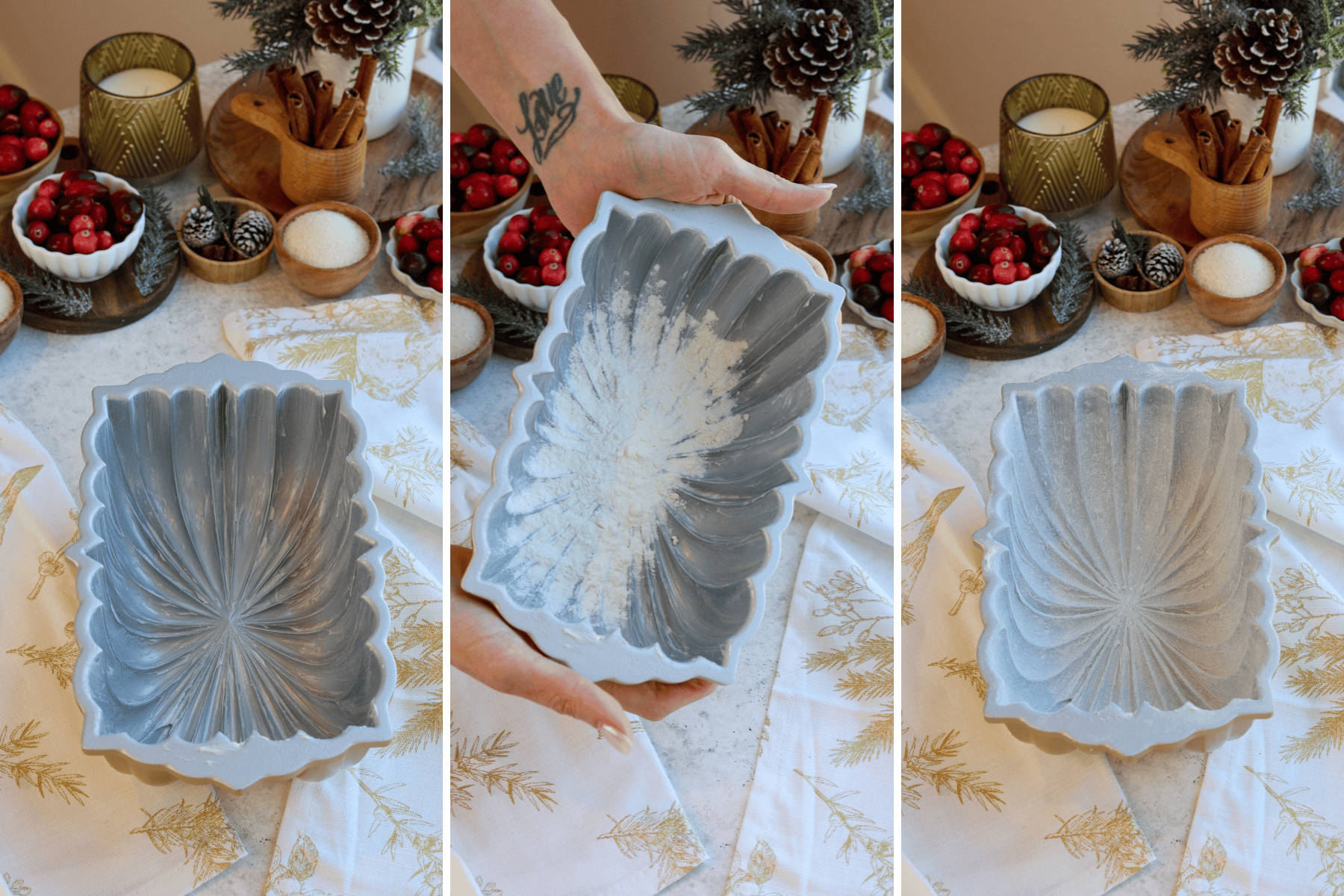 Panel with 3 images: Image one shows a decorative loaf pan greased and ready for baking, surrounded by festive ingredients like cranberries, cinnamon sticks, and sugar in wooden bowls on a holiday-themed tablecloth. Image two shows a hand holding the loaf pan, now dusted with flour after greasing, with cranberries and seasonal decor in the background. Image three displays the floured loaf pan set on the table, fully prepared for batter, amidst a cozy holiday setup featuring cranberries, pine cones, and warm accents.