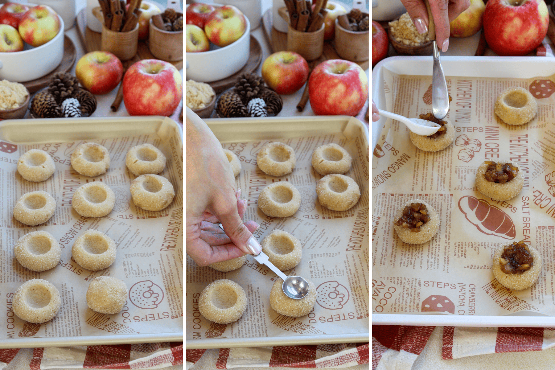 Panel with 3 images, the first image shows a baking tray with dough balls coated in cinnamon sugar, each with an indentation in the center. The second image captures a hand using a measuring spoon to press down further on each dough ball, creating deeper wells. The third image shows the wells being filled with a spoonful of caramelized apple filling, ready for baking. Fresh apples, cinnamon sticks, and pine cones are arranged in the background, enhancing the cozy, autumnal setting.