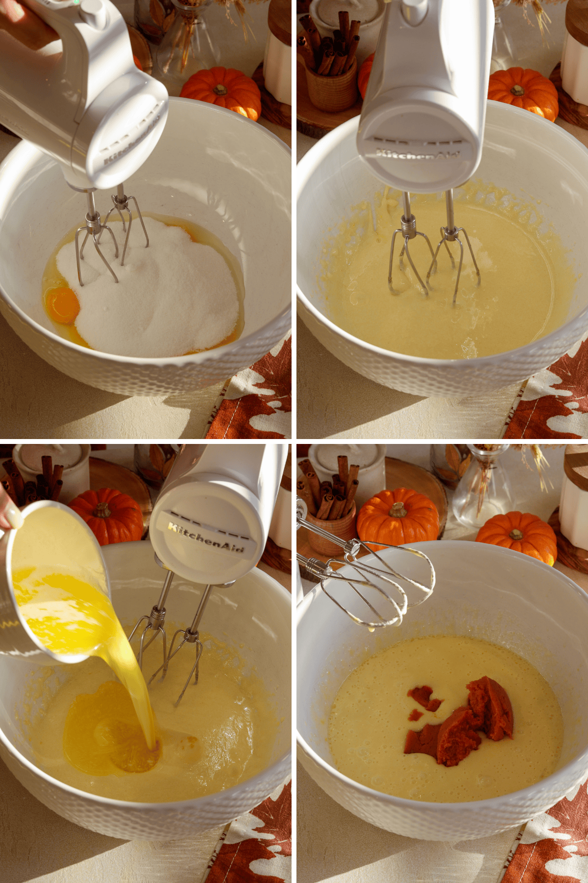 A panel with 4 images showing the steps for making pumpkin blondies: The first image shows a mixing bowl with eggs and sugar being mixed using a hand mixer, with small pumpkins and cinnamon sticks in the background for a fall ambiance. The second image displays the mixture being blended until smooth and combined. In the third image, melted butter is being poured into the bowl as the mixing continues, enhancing the richness of the batter. The fourth image shows the pumpkin puree added into the batter, ready to be mixed, with a warm, autumnal setting surrounding the bowl.