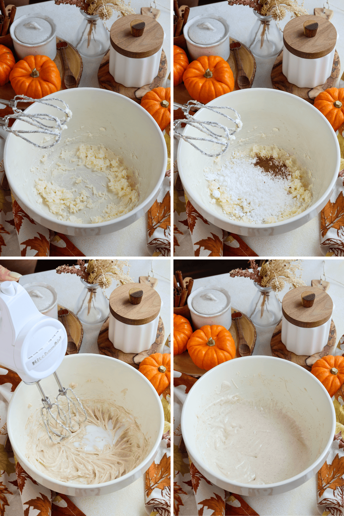 A panel with 4 images showing the process of making cream cheese frosting for pumpkin blondies: The first image shows softened cream cheese and butter being mixed in a bowl, surrounded by small pumpkins and fall-themed decor. The second image captures powdered sugar and spices being added to the creamed mixture. The third image highlights the addition of milk while mixing to create a smooth texture. The final image displays the finished creamy frosting, with a light and fluffy consistency, ready to be spread on top of the pumpkin blondies. The warm background complements the autumnal theme.
