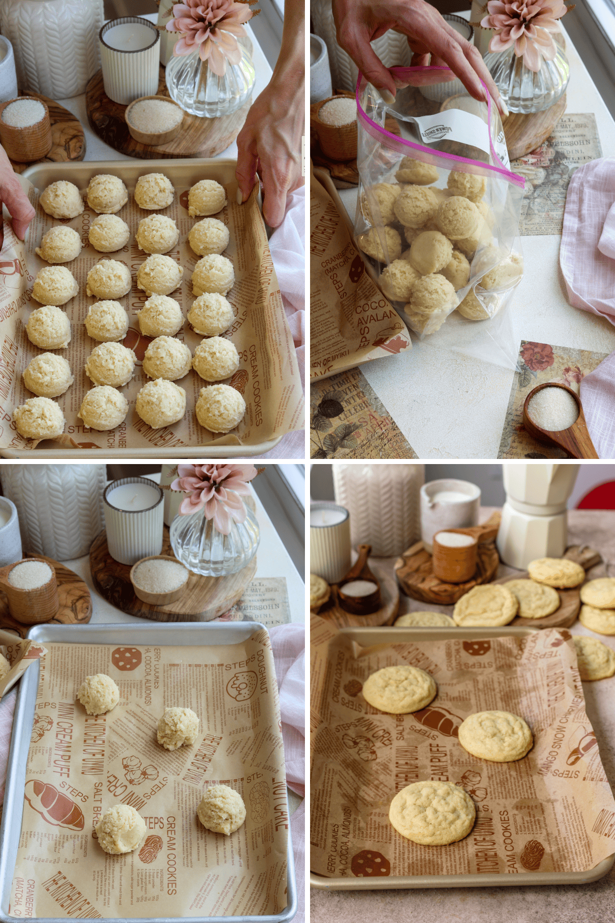 Panel with 4 images showing the final steps of making sugar cookies. The first image shows a baking tray lined with parchment paper, filled with evenly portioned cookie dough balls ready for baking or freezing. The second image displays the dough balls being placed into a ziplock bag for storage, possibly for freezing or chilling before baking. The third image depicts a few dough balls placed on a lined baking tray, spaced out for baking in the oven. The fourth image shows the finished sugar cookies, baked to a light golden color, resting on the tray and some placed in the background, accompanied by decorative elements like a pink flower, candles, and wooden bowls, creating a cozy and rustic presentation.
