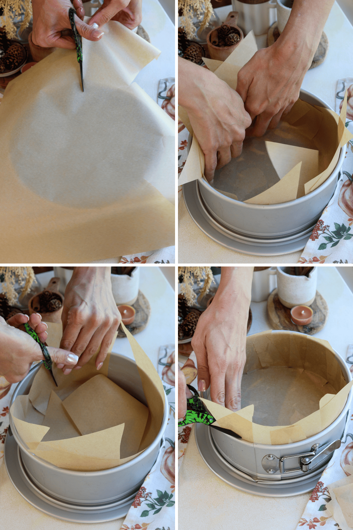 Panel with 4 images: In the first image, parchment paper is being cut to fit the base of a springform pan by tracing around the bottom of the pan. In the second image, the parchment paper is carefully placed into the pan to line the base. In the third image, more parchment is folded and cut to line the sides of the pan. The final image shows the excess parchment paper being trimmed along the edges, ensuring the springform pan is fully lined for making a pumpkin coffee cake.