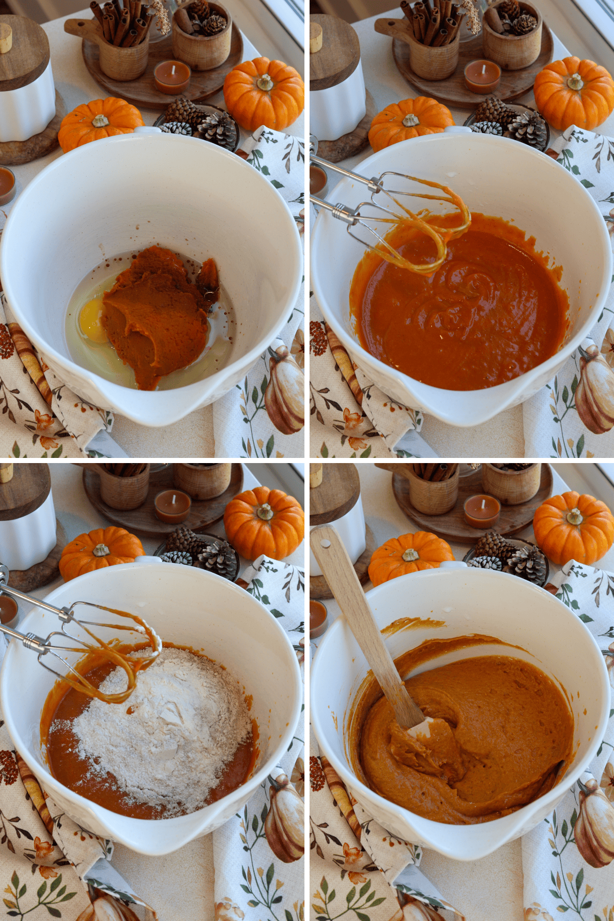 Panel with 4 images: The first image shows a mixing bowl with pumpkin purée, eggs, and vanilla extract, ready to be mixed for the pumpkin coffee cake. In the second image, the wet ingredients have been blended together using a hand mixer until smooth. The third image depicts the addition of dry ingredients into the wet mixture, preparing to combine both. In the final image, the batter has been mixed until smooth and ready for the next step, all set against a cozy autumn backdrop with small pumpkins and seasonal décor.
