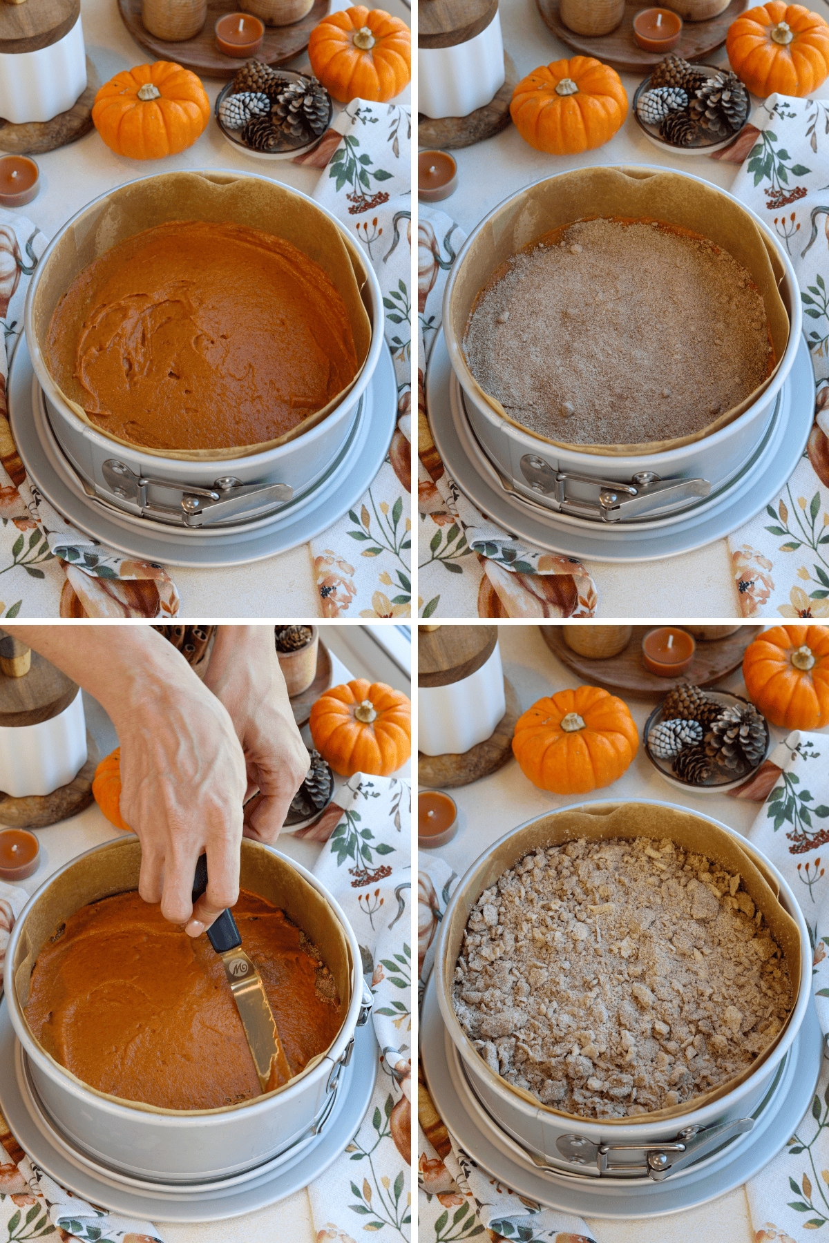 Panel with 4 images: The first image shows the smooth pumpkin batter spread evenly at the bottom of a lined springform pan. In the second image, a layer of cinnamon sugar is sprinkled on top of the batter to add sweetness and flavor. The third image captures an offset spatula gently spreading another layer of pumpkin batter over the cinnamon sugar, creating a well-balanced layer. The final image shows the streusel topping spread generously over the top, completing the cake before baking. The scene is set with cozy fall décor, including pumpkins and candles, adding a festive touch.