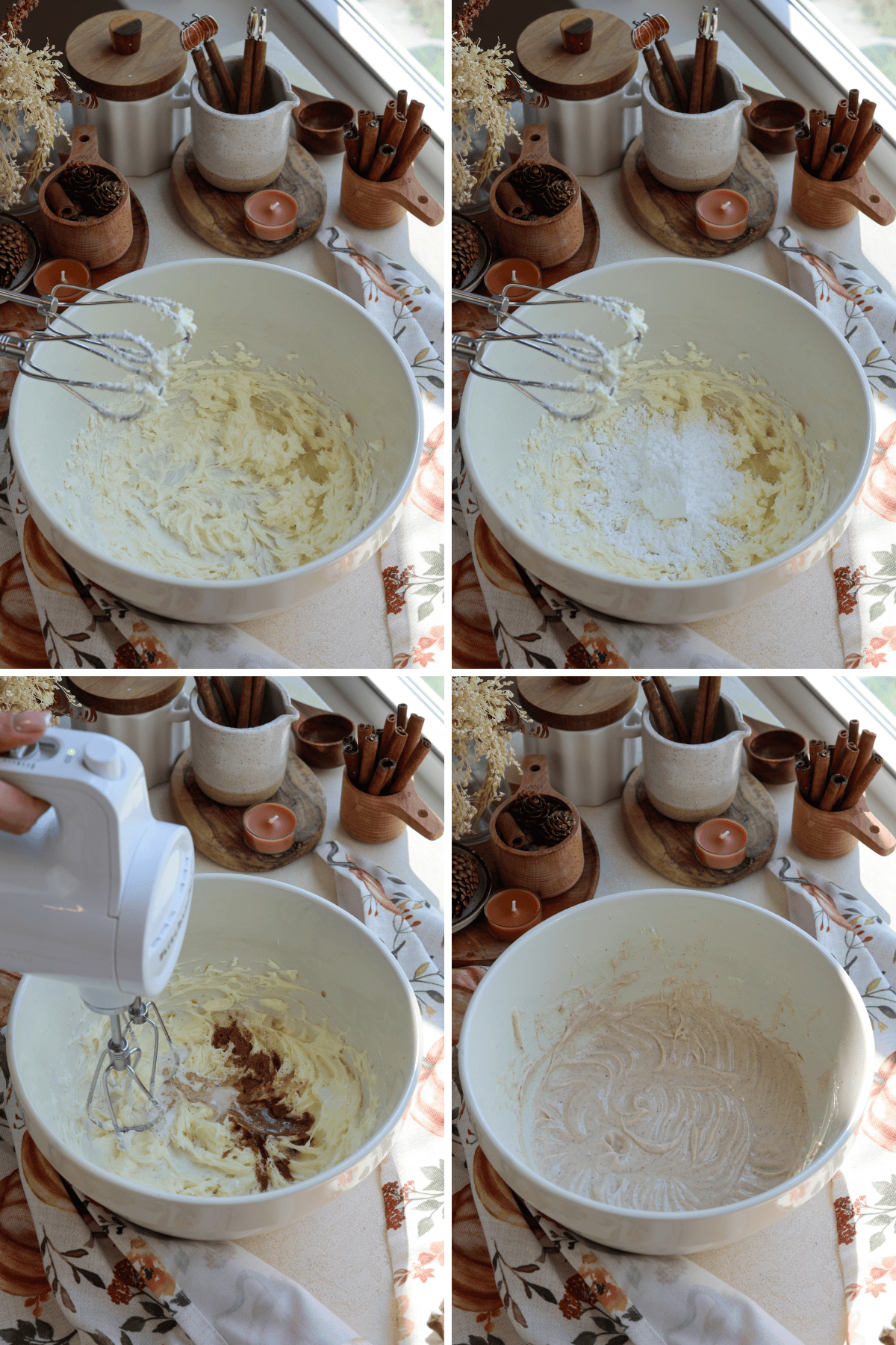Panel with 4 images: The first image shows softened butter being whipped in a mixing bowl, creating the base for the glaze. In the second image, powdered sugar is added to the whipped butter, preparing to sweeten the glaze. The third image shows vanilla extract and a splash of liquid being added to the mixture to enhance flavor and smooth out the consistency. In the final image, the glaze has been fully mixed into a smooth, creamy texture, ready to be drizzled over the pumpkin coffee cake. The fall-themed setting, with cinnamon sticks and pumpkins, adds to the warm and cozy atmosphere.