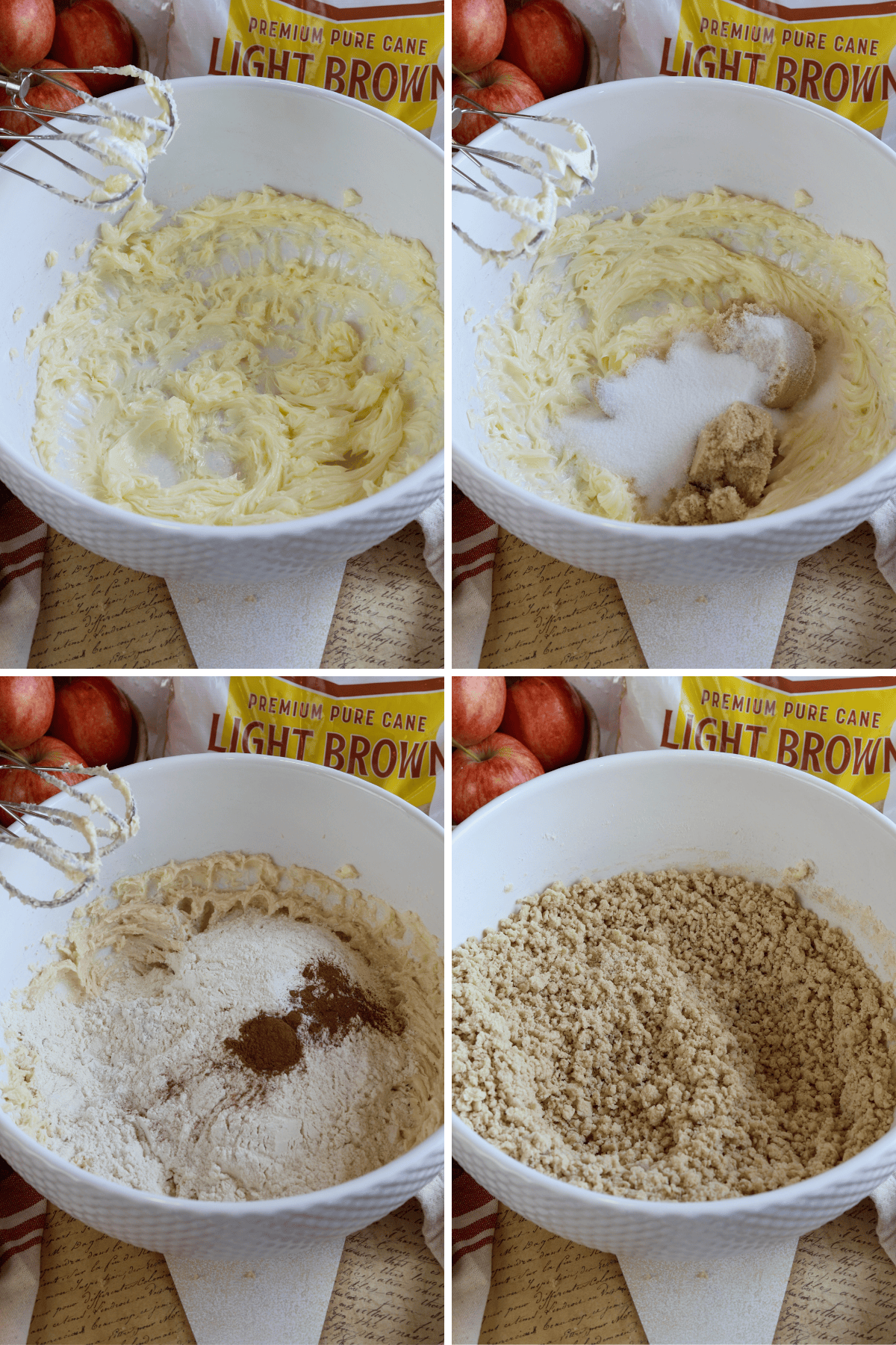 The image shows the process of making apple crumb bars. The first image displays softened butter being mixed in a bowl using a hand mixer. The second image captures the addition of granulated sugar and light brown sugar to the creamed butter. In the third image, flour and spices like cinnamon are being incorporated into the mixture. The final image shows the resulting crumbly dough after all the ingredients have been combined, ready to be used in the next step of the recipe. The background features apples and a bag of light brown sugar, highlighting the autumnal and cozy nature of this dessert.