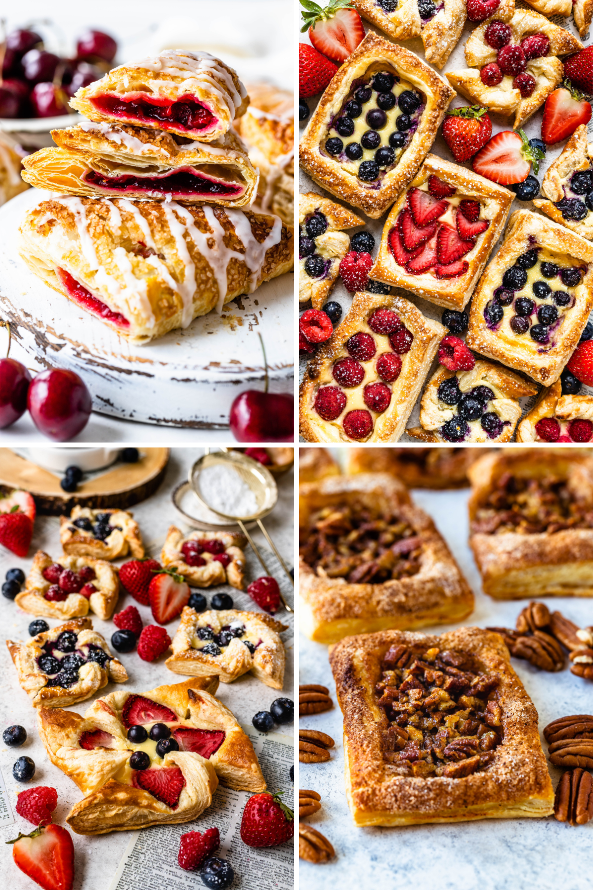 This collage of puff pastry recipes showcases a variety of beautiful and delicious pastries. The first image features flaky cherry-filled turnovers drizzled with icing. The second image displays an assortment of fruit-topped pastries with strawberries, blueberries, raspberries, and blackberries arranged in colorful patterns. The third image shows puff pastry pinwheels and squares filled with vibrant mixed berries, creating a delightful treat. The final image highlights pecan-topped puff pastry squares, with golden, crispy edges, perfect for a sweet, nutty bite. Each pastry is presented in a rustic, inviting setting, emphasizing the versatility of puff pastry for both sweet and fruity creations.