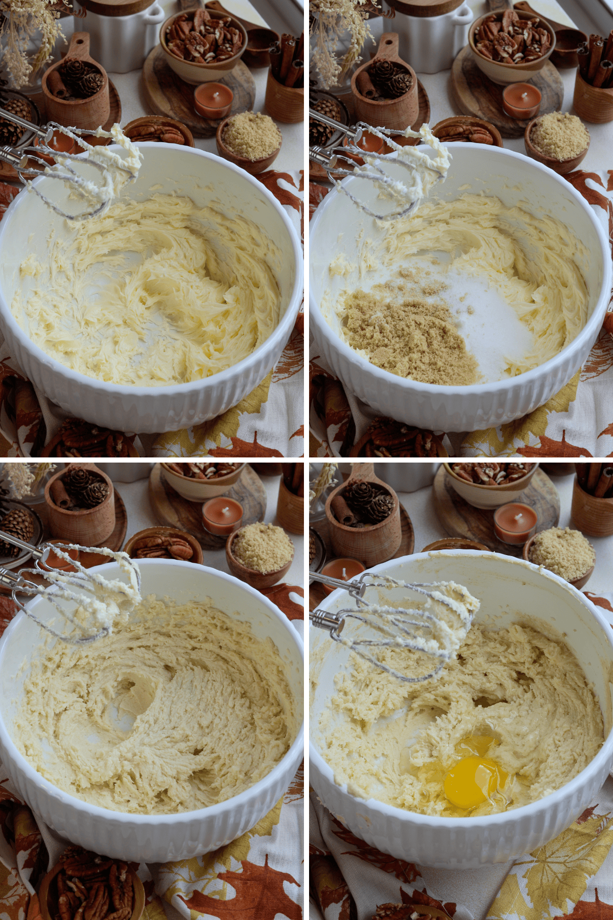 The images depict the process of making the cake batter for the pecan pie cake. In the first image, softened butter is being creamed in a large white mixing bowl using an electric hand mixer. In the second image, granulated sugar and brown sugar are added to the creamed butter. The third image shows the mixture after it has been blended until smooth and fluffy. In the fourth image, a whole egg is being added to the batter to be mixed in. The cozy autumnal background features wooden bowls of pecans, brown sugar, and seasonal decorations, creating a warm and inviting baking scene.
