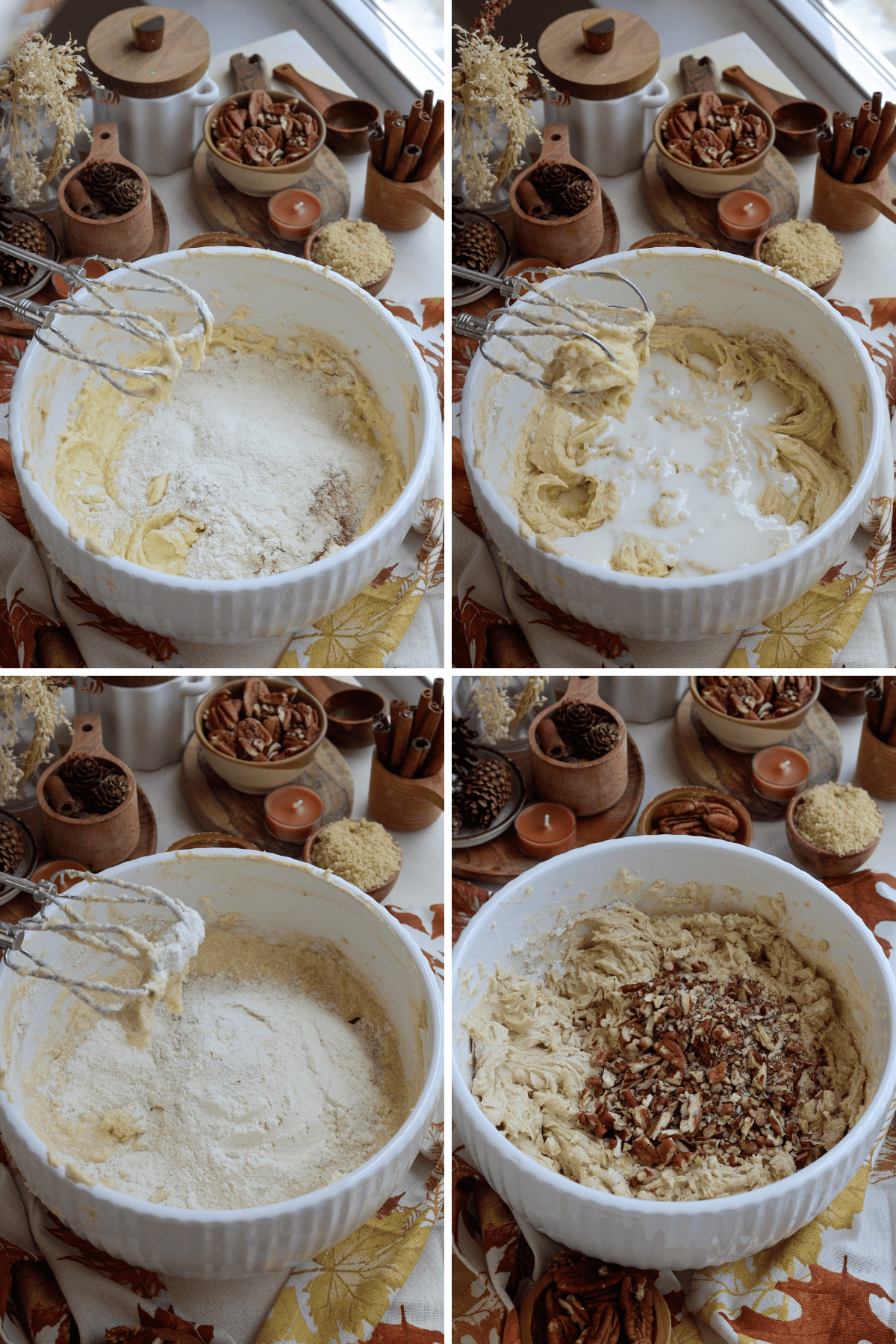 The images show the process of completing the batter for the pecan pie cake. In the first image, flour is added to the creamed butter, sugar, and egg mixture. The second image shows milk being poured into the partially mixed batter. In the third image, more flour is incorporated as the batter comes together. The final image shows chopped pecans being added to the batter, ready to be folded in. The warm autumnal decor in the background, with bowls of pecans, cinnamon sticks, and brown sugar, enhances the cozy baking scene.