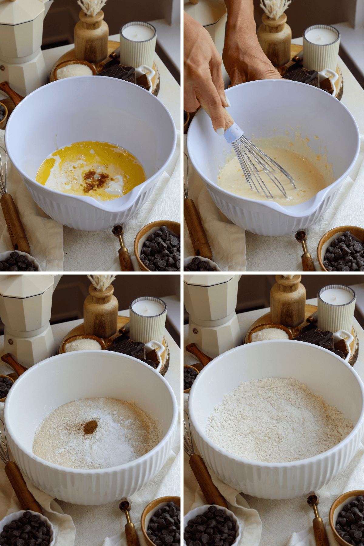 The image sequence shows the process of preparing chocolate chip muffins. In the first image, wet ingredients, including melted butter, vanilla, and cream, are added to a large white mixing bowl. The second image shows a hand whisking these ingredients together until smooth. The third image depicts dry ingredients, such as flour and cinnamon, being added to the same white mixing bowl, while the fourth image shows the dry ingredients thoroughly combined, ready for the next step. Chocolate chips and other ingredients are visible in small bowls around the mixing setup.