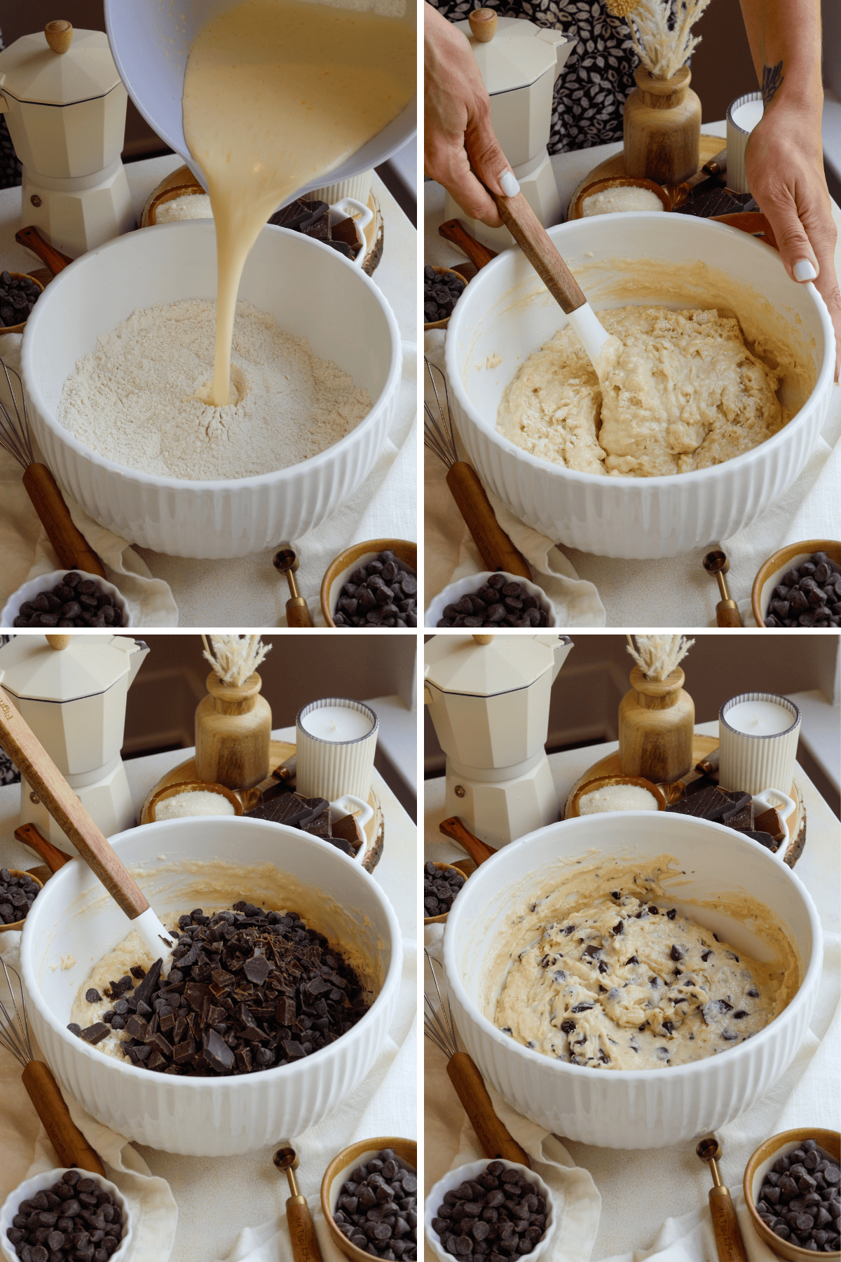 This image sequence shows the continuation of making chocolate chip muffins. In the first image, the wet mixture is being poured into the bowl containing the dry ingredients. The second image shows the ingredients being gently folded together with a spatula. The third image depicts chocolate chunks being added to the batter, and in the final image, the chocolate chips are fully incorporated into the muffin batter, ready to be portioned and baked. The surrounding setup includes ingredients like chocolate chips, sugar, and cooking utensils, creating a cozy, inviting baking scene.
