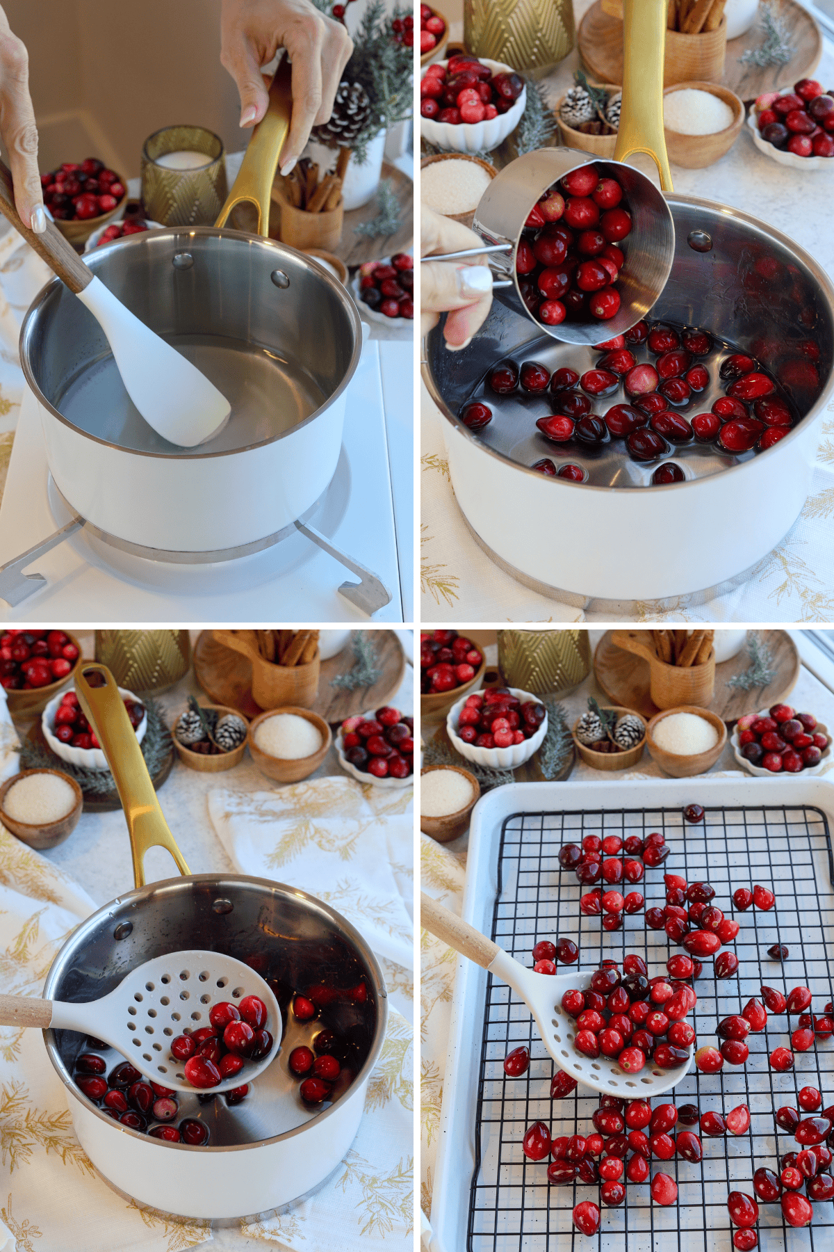 In this step-by-step visual guide for making sugared cranberries, the first image shows a person stirring a simple syrup in a saucepan to dissolve the sugar. The second image captures cranberries being added to the sugar syrup for coating. The third image highlights the cranberries being scooped out of the syrup using a slotted spoon, while the fourth image shows the cranberries spread out on a wire rack to dry before being coated with sugar. The background includes holiday-themed elements, such as pinecones, cinnamon sticks, and bowls of sugar, enhancing the festive ambiance.