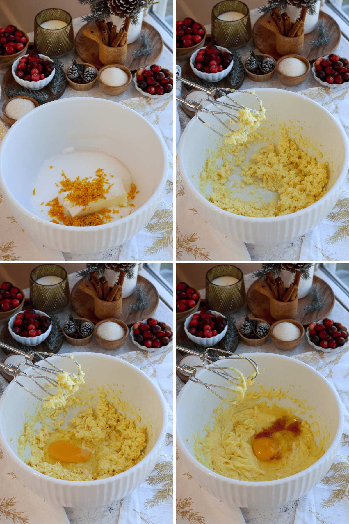 Panel with 4 images: Image one shows a mixing bowl with softened butter, sugar, and fresh orange zest, ready to be creamed for the orange cranberry bread. Image two captures the mixture after being beaten to a creamy texture. Image three shows an egg added to the bowl, beginning the process of incorporating wet ingredients. Image four displays the mixture with another egg and vanilla extract added, with the festive decor of cranberries, cinnamon sticks, and pine cones in the background, creating a cozy holiday baking scene.